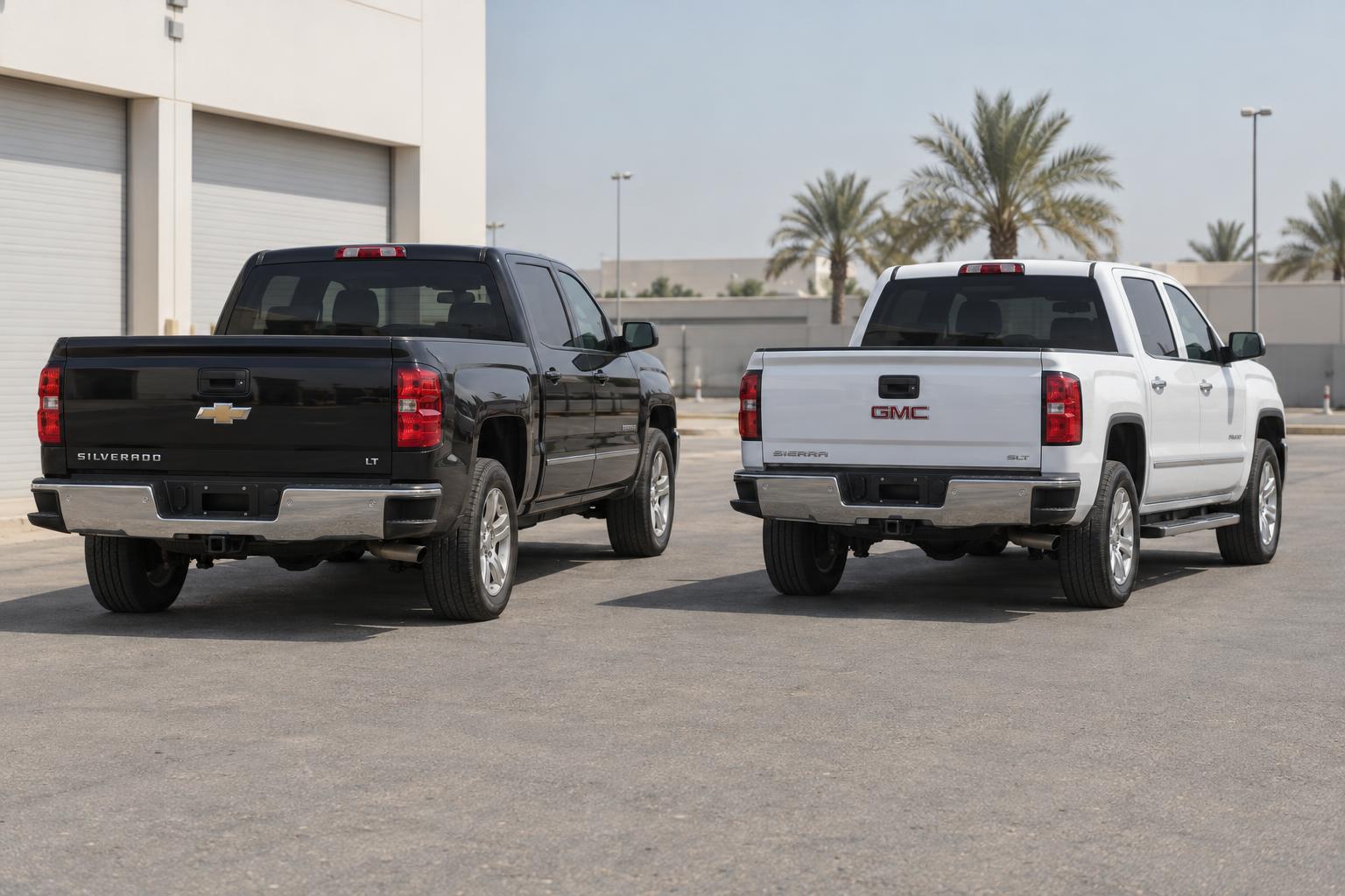 2018 Chevrolet Silverado and GMC Sierra pickup trucks parked at a UAE service lot.