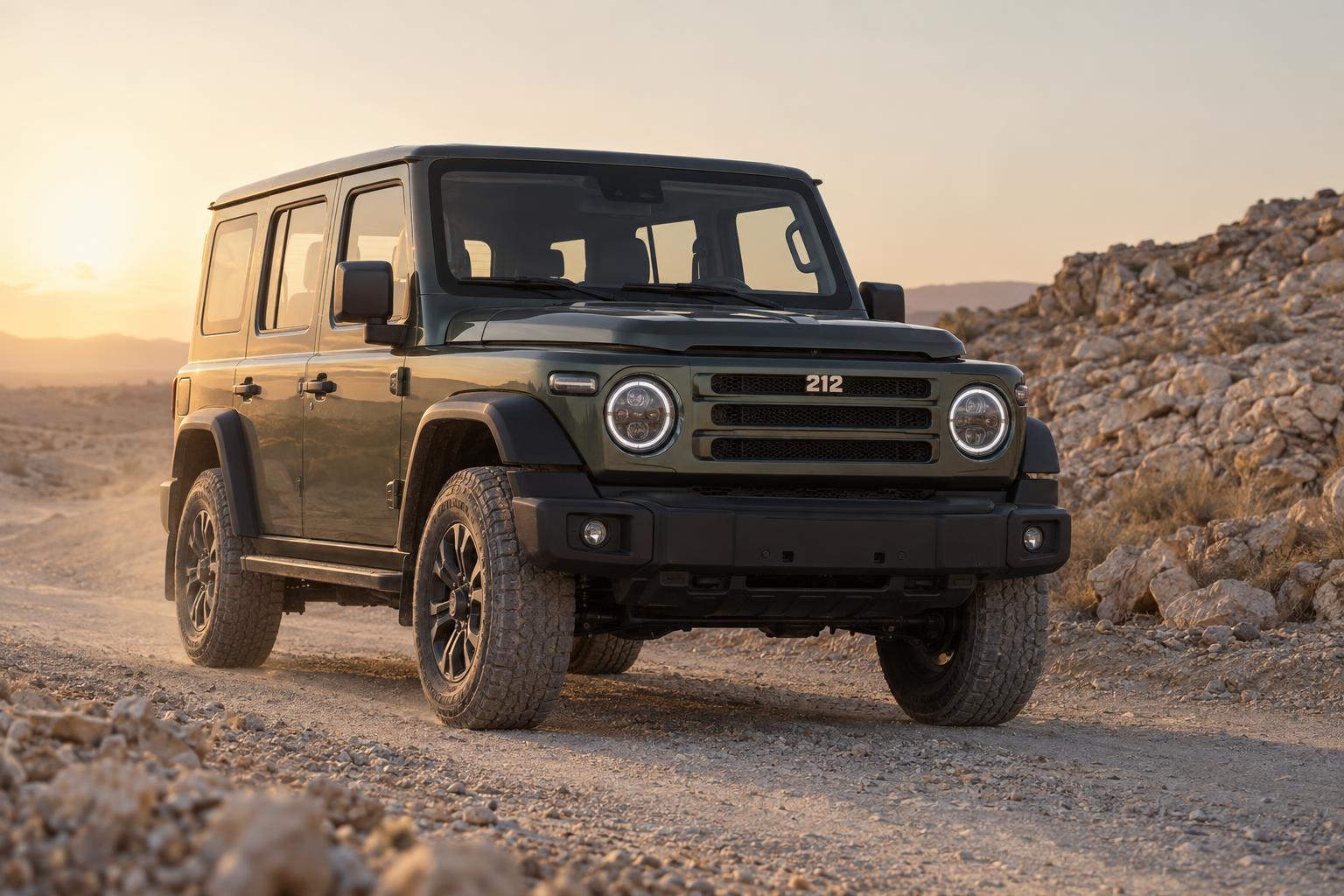 212 T01 Adventurer on a gravel desert track in Bahrain, showing its boxy rugged styling.