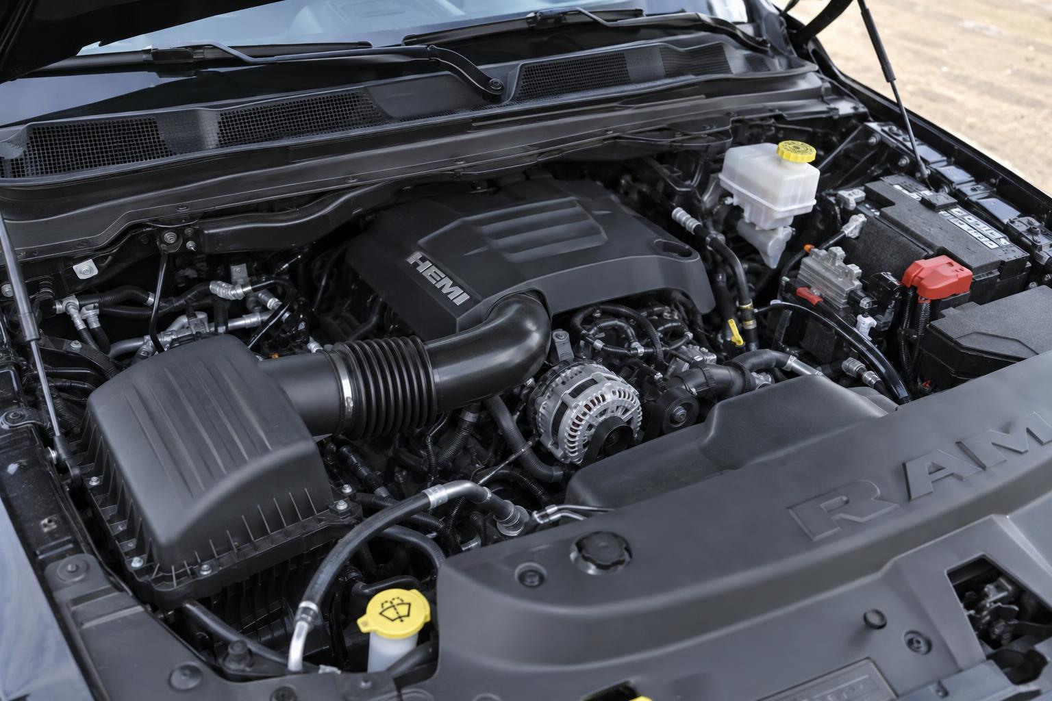 Close view of the 5.7-litre HEMI V8 in a 2026 Ram 1500 engine bay.