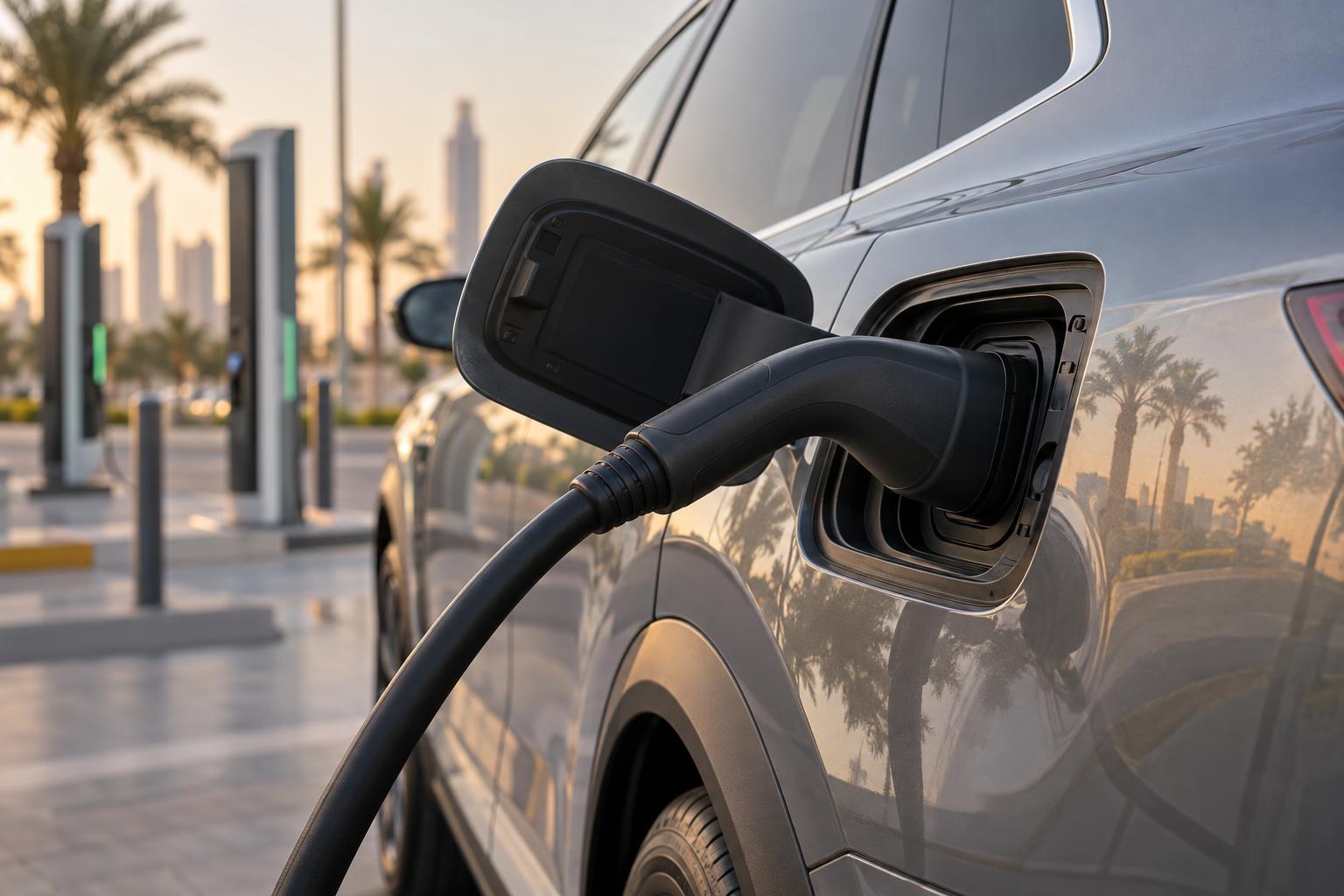 A DC fast-charging connector connected to a premium electric SUV.
