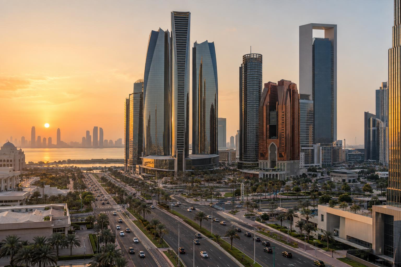 Modern office towers and roads in Abu Dhabi’s financial district at sunset.
