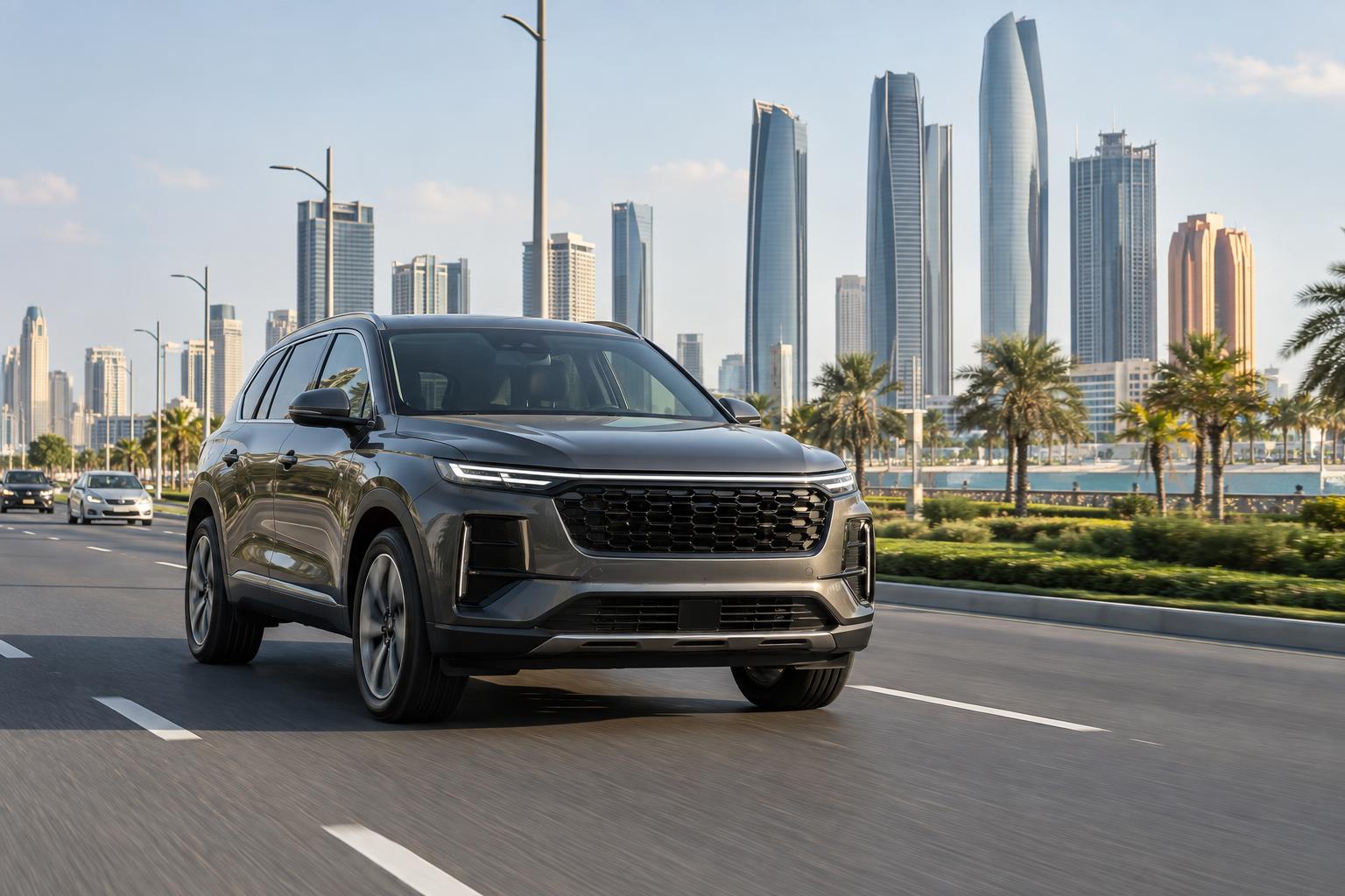 An unbranded SUV driving on a modern boulevard in Abu Dhabi.