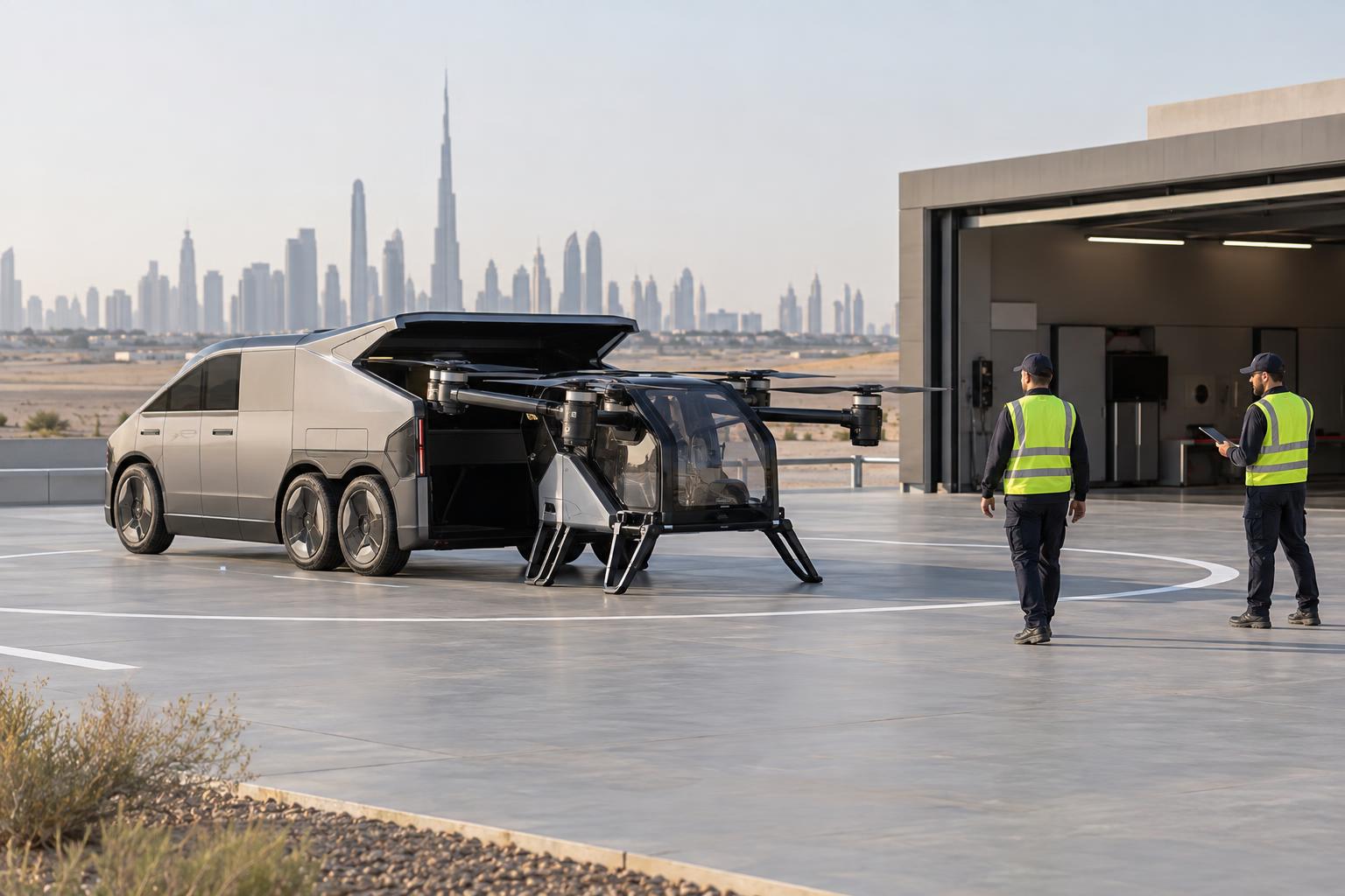 Technicians inspect an ARIDGE flying-car system at a controlled advanced-air-mobility landing facility.