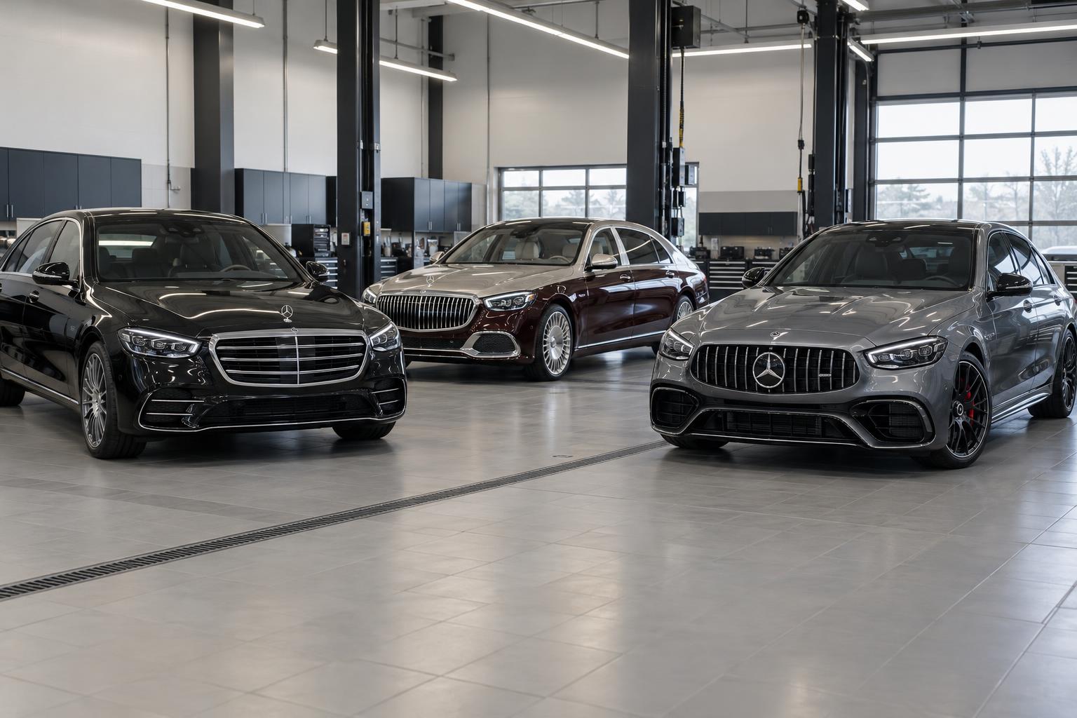 Standard Mercedes S-Class, Mercedes-Maybach S-Class and Mercedes-AMG S63 E Performance sedans in a service reception area.
