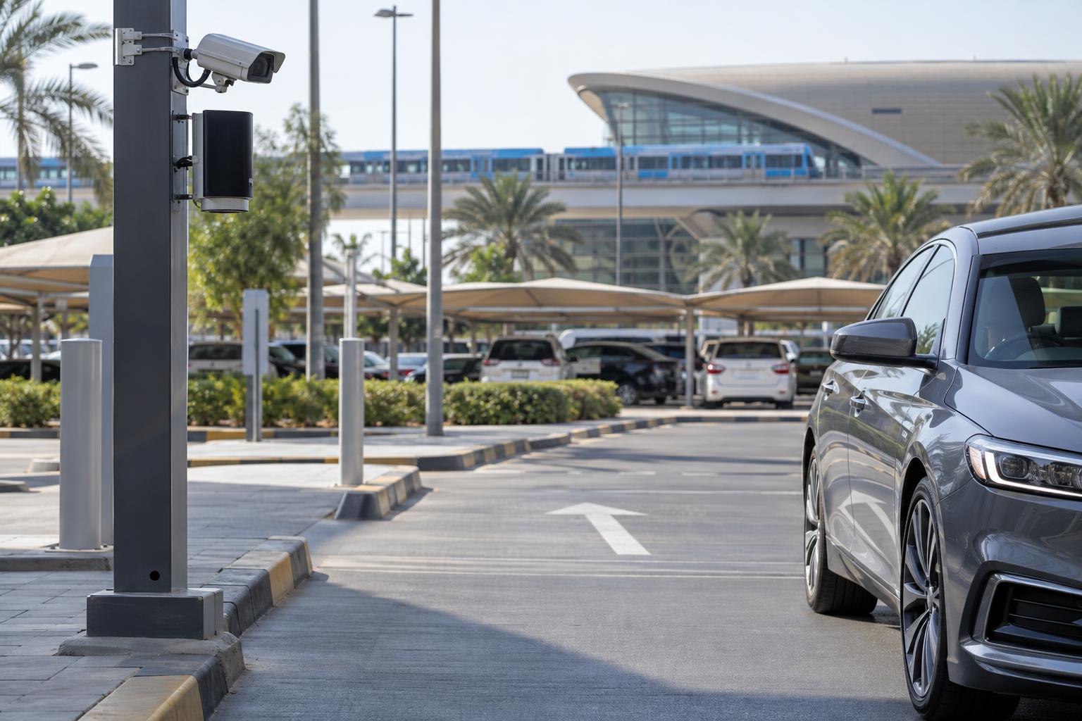 A car approaching an open station parking lane monitored by a roadside camera sensor without a barrier.