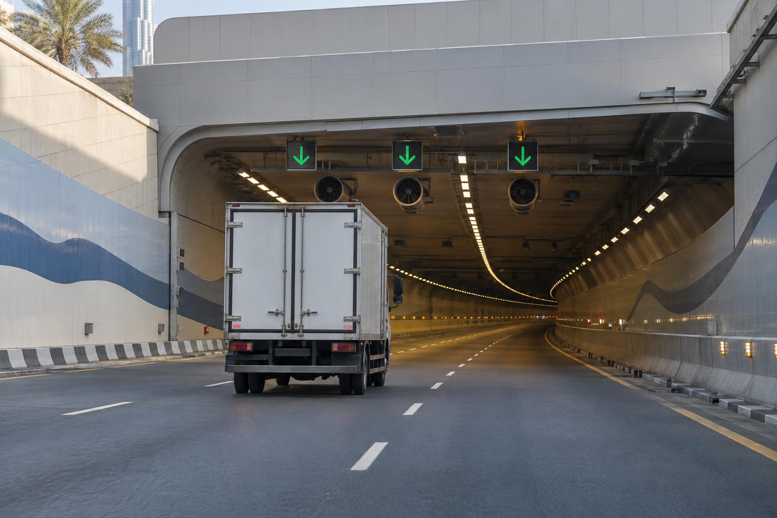 A delivery truck approaches a modern Dubai tunnel entrance.
