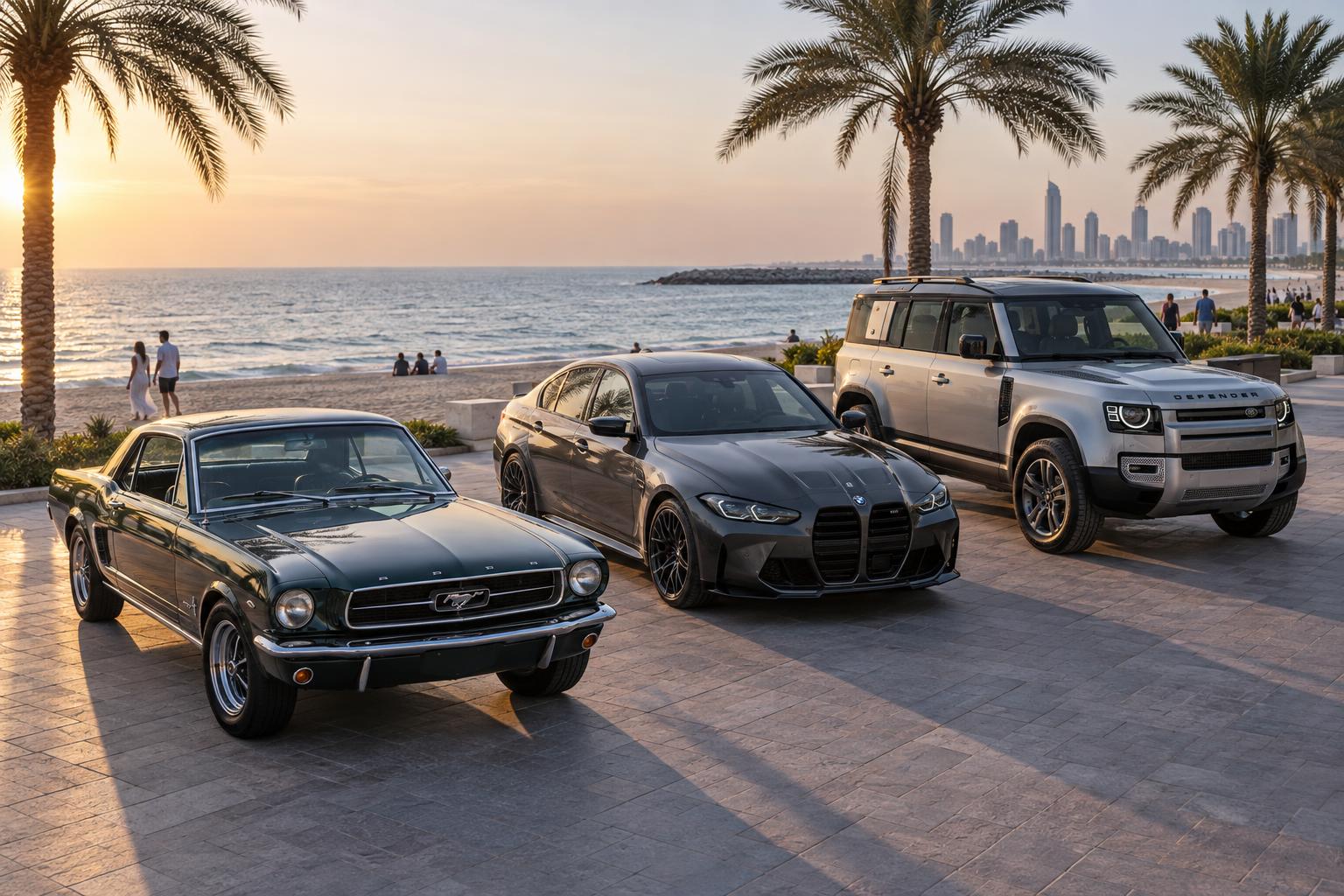 A small mixed car display set along the beachfront promenade at Al Heera Beach.