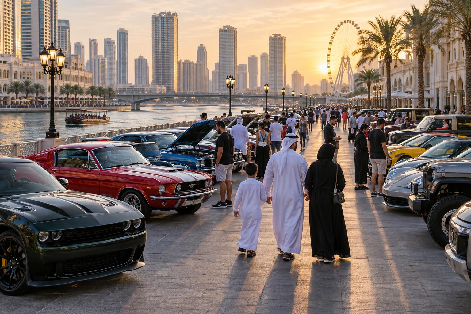 Rows of show vehicles and visitors at an outdoor car festival along the Al Qasba waterfront.