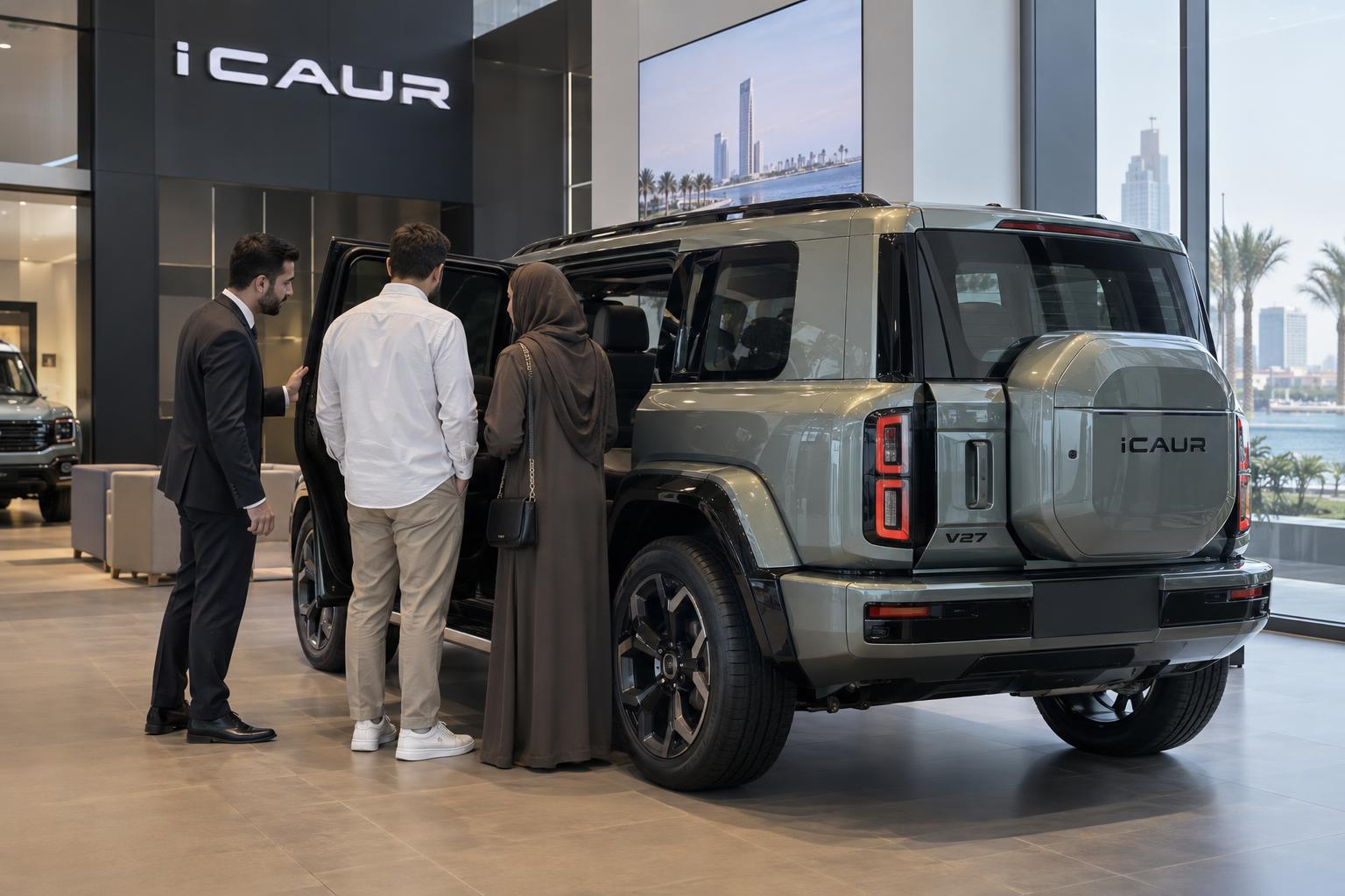 Customers speak with a product specialist beside an iCAUR V27 in the Jeddah showroom.