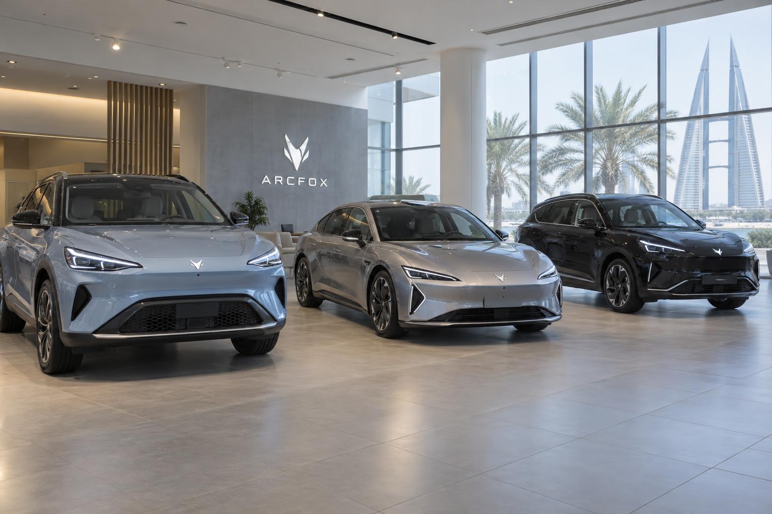 Several Arcfox electric vehicles displayed in a bright Bahrain showroom.