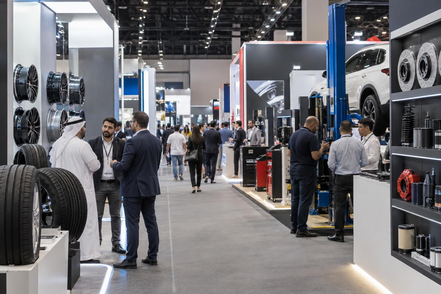 Visitors walk through a large automotive aftermarket exhibition hall with parts and workshop equipment displays.