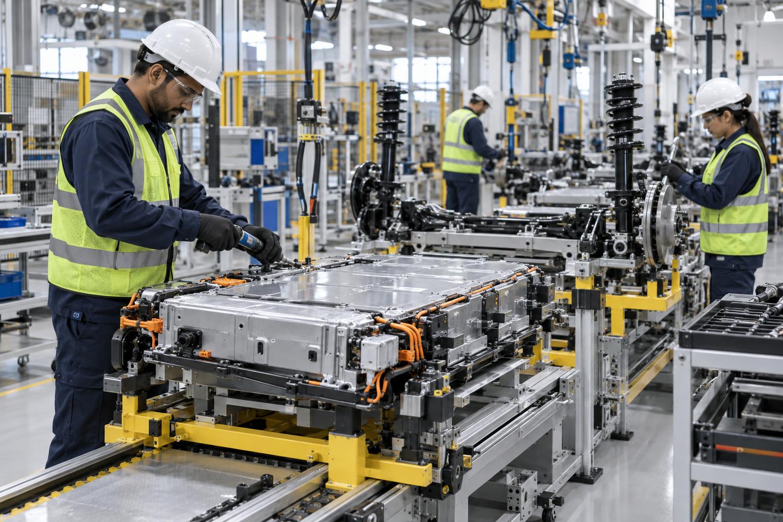 Technicians inspect unbranded battery packs and vehicle components on a modern assembly line.