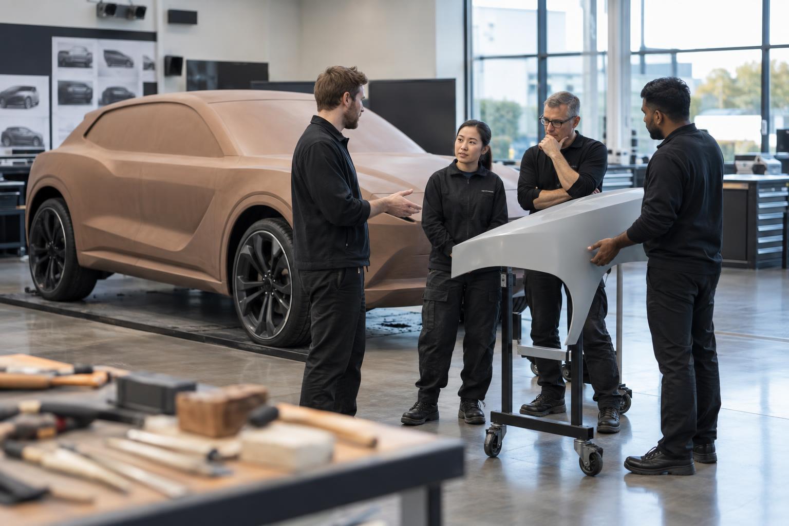 Engineers review a full-size unbranded clay vehicle model in an automotive design studio.