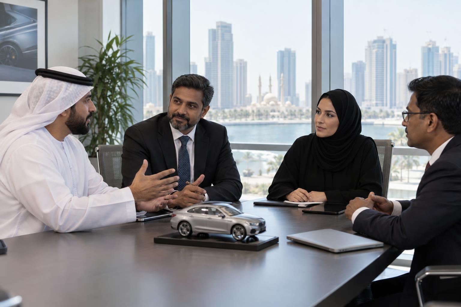 Business executives discussing an automotive services partnership in a modern Sharjah boardroom.