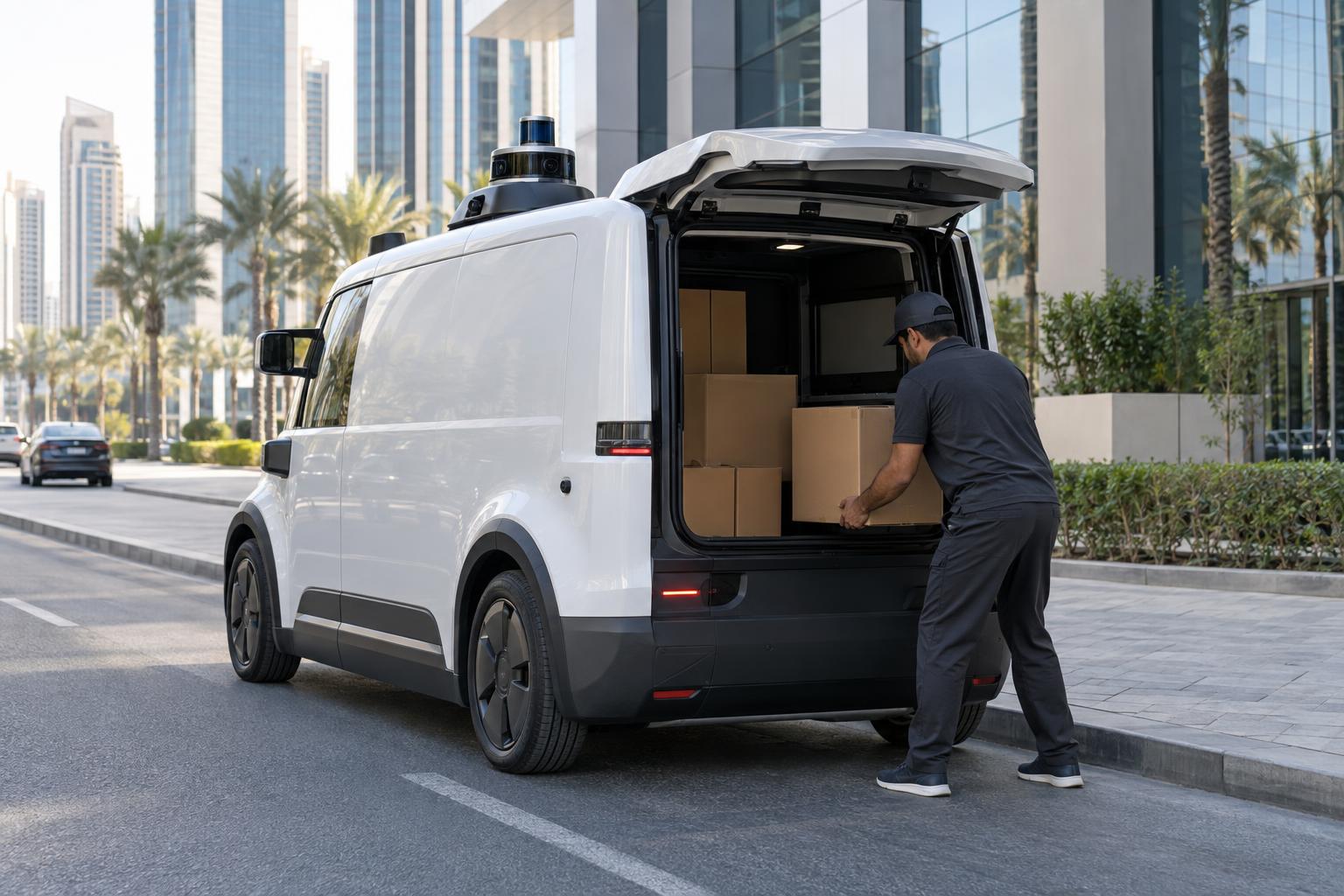 An autonomous electric delivery van stops at a modern UAE business district for a parcel handoff.