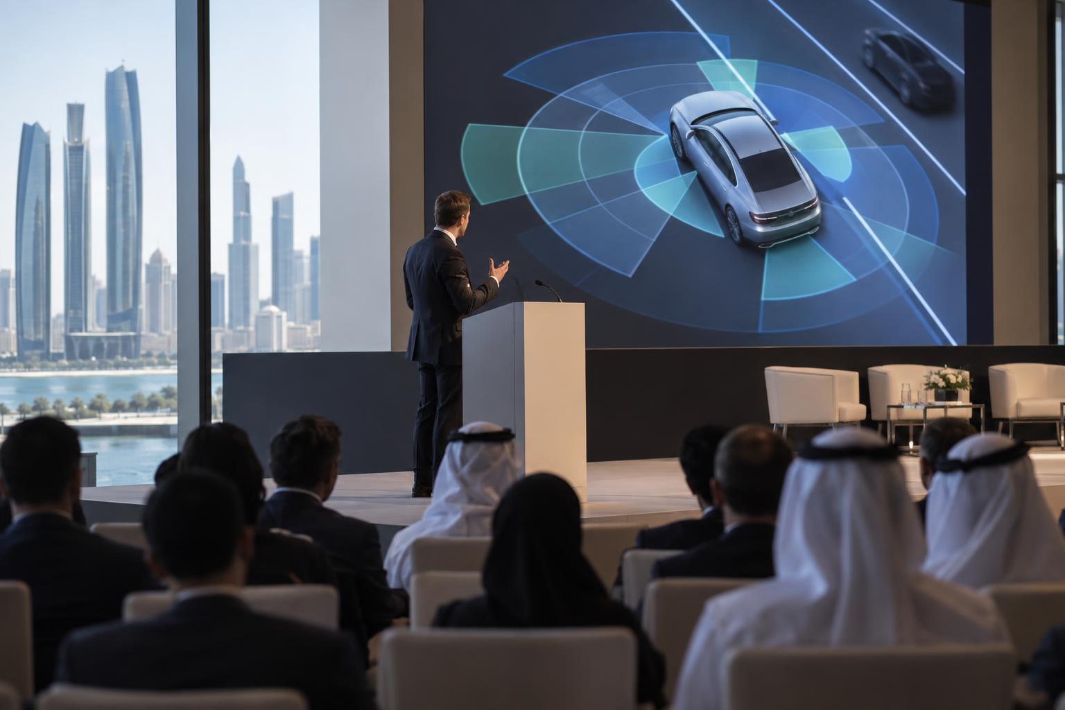 A technology executive speaks at a UAE conference about autonomous mobility while an audience watches.