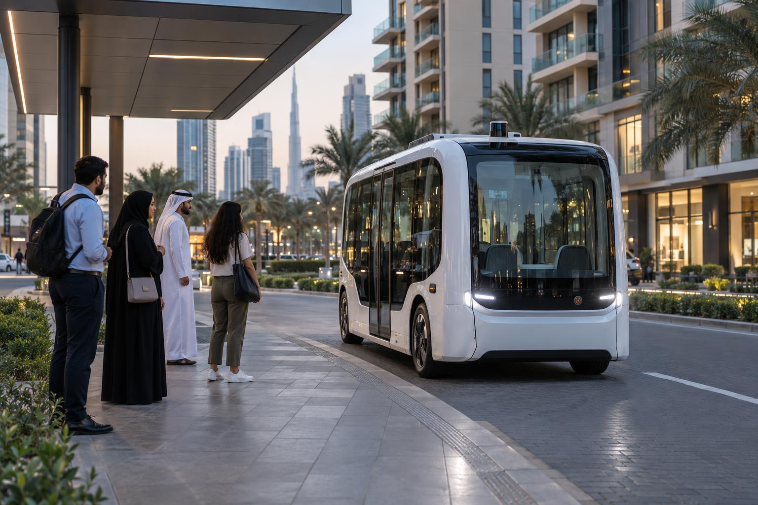 Residents wait as a small autonomous electric shuttle reaches a pickup area in Dubai.