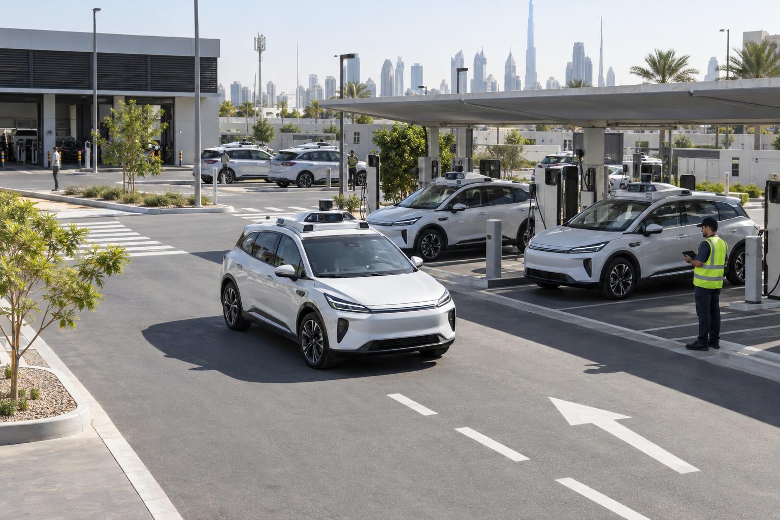 Unbranded autonomous taxis operate from a UAE mobility depot with charging and dispatch lanes.