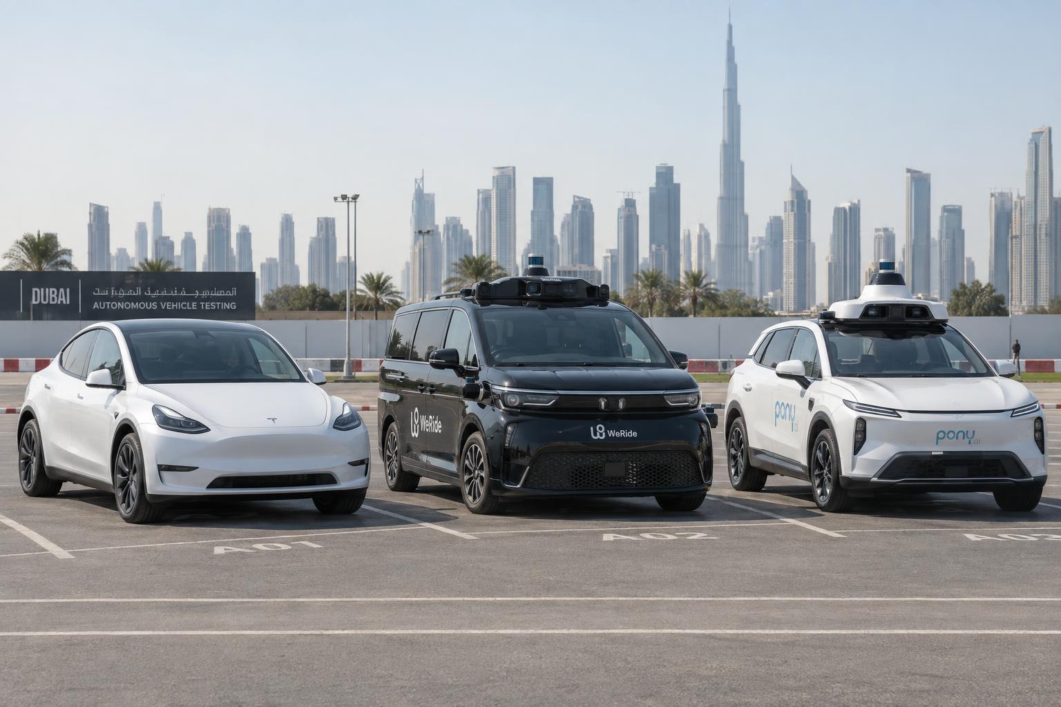 Tesla, WeRide and Pony.ai autonomous vehicles parked in separate bays at a test facility.