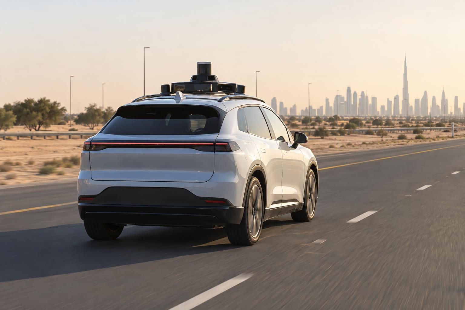 A sensor-equipped autonomous test vehicle travels on a road in Dubai’s Al Qudra area.