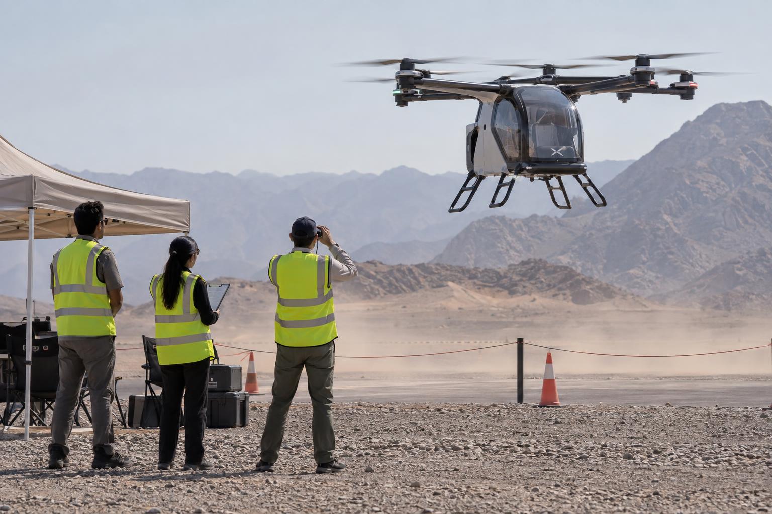 Safety personnel observe a low-altitude flying-car test at a desert range.