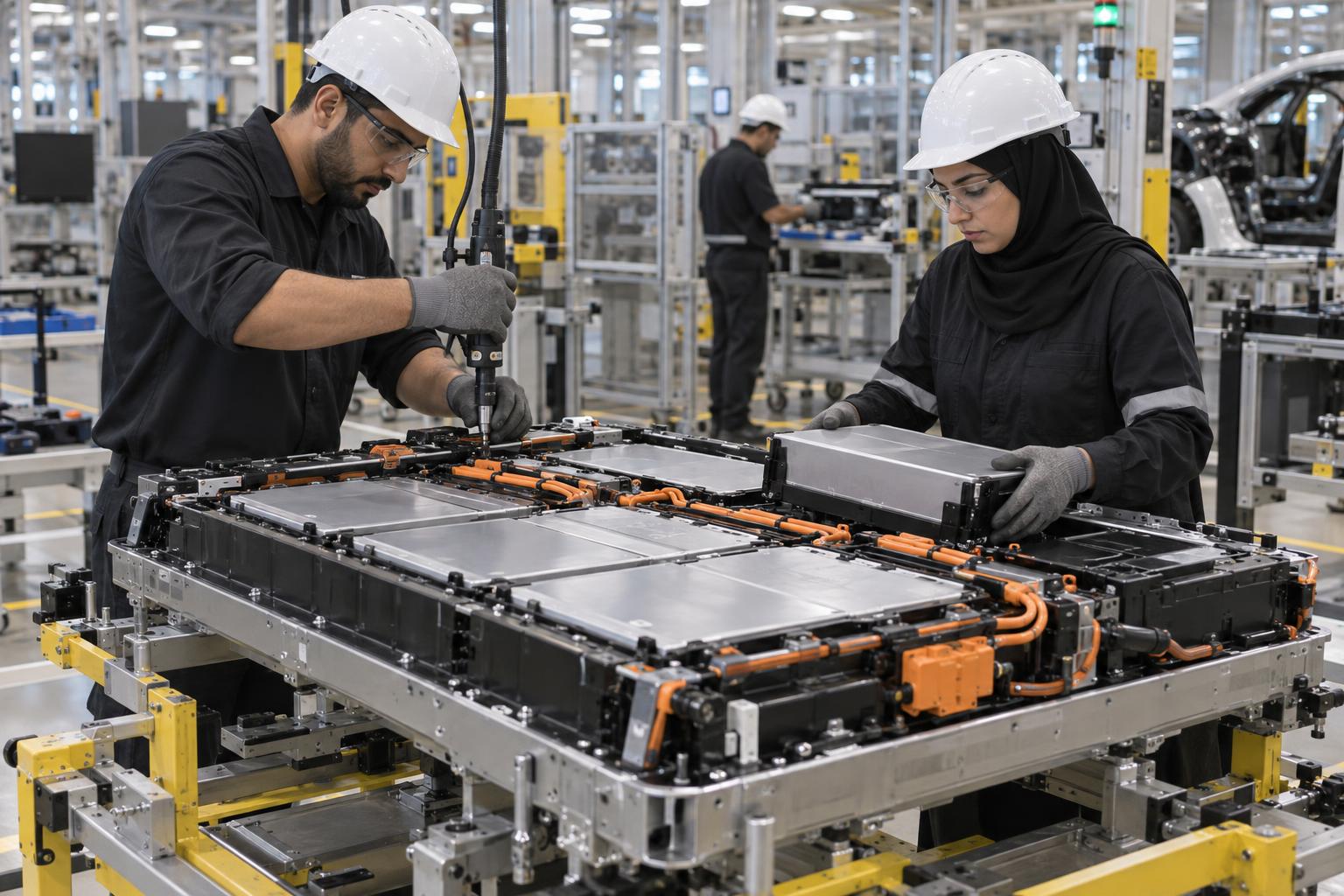 Technicians assembling an electric-vehicle battery pack at a factory workstation.
