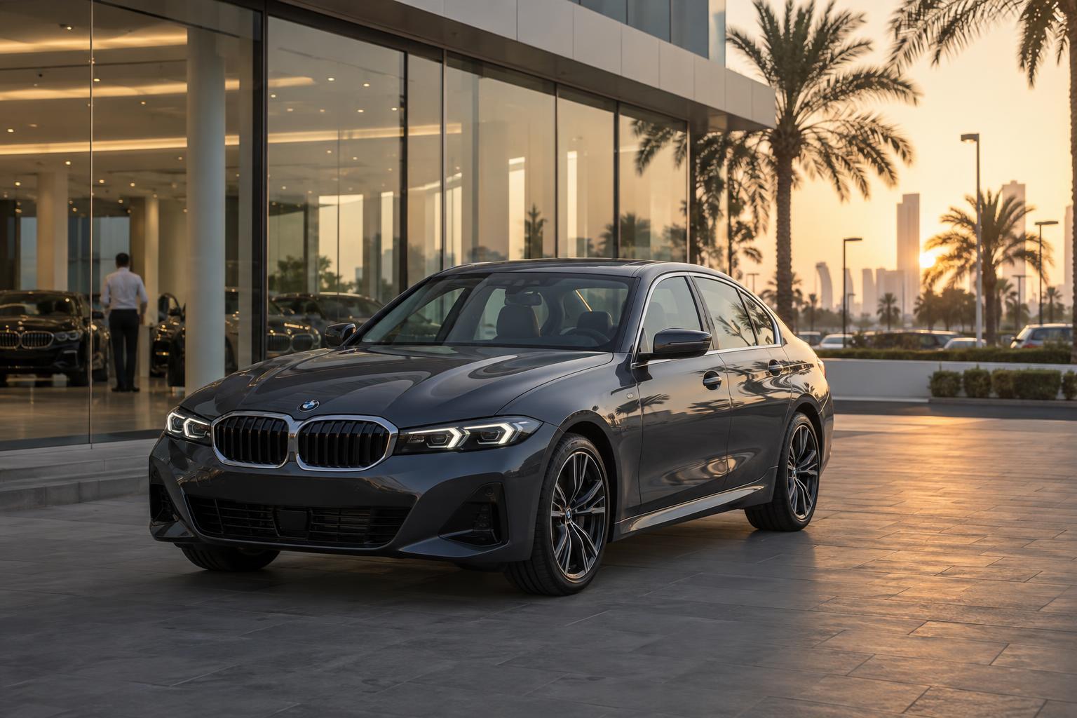 New BMW 3 Series sedan outside a contemporary Gulf showroom at sunset.