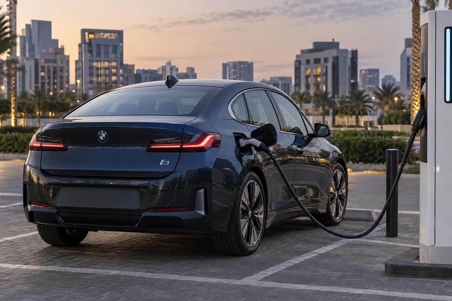 BMW i3 sedan connected to a public fast charger in a modern Gulf city at dusk.