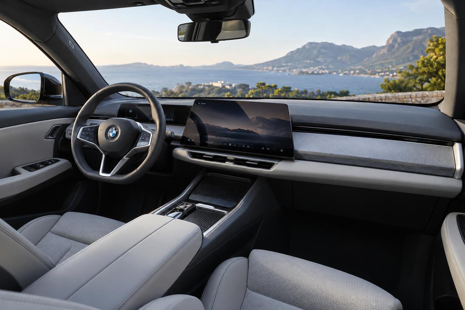 Front cabin view of the BMW iX4 with its Neue Klasse interior layout.