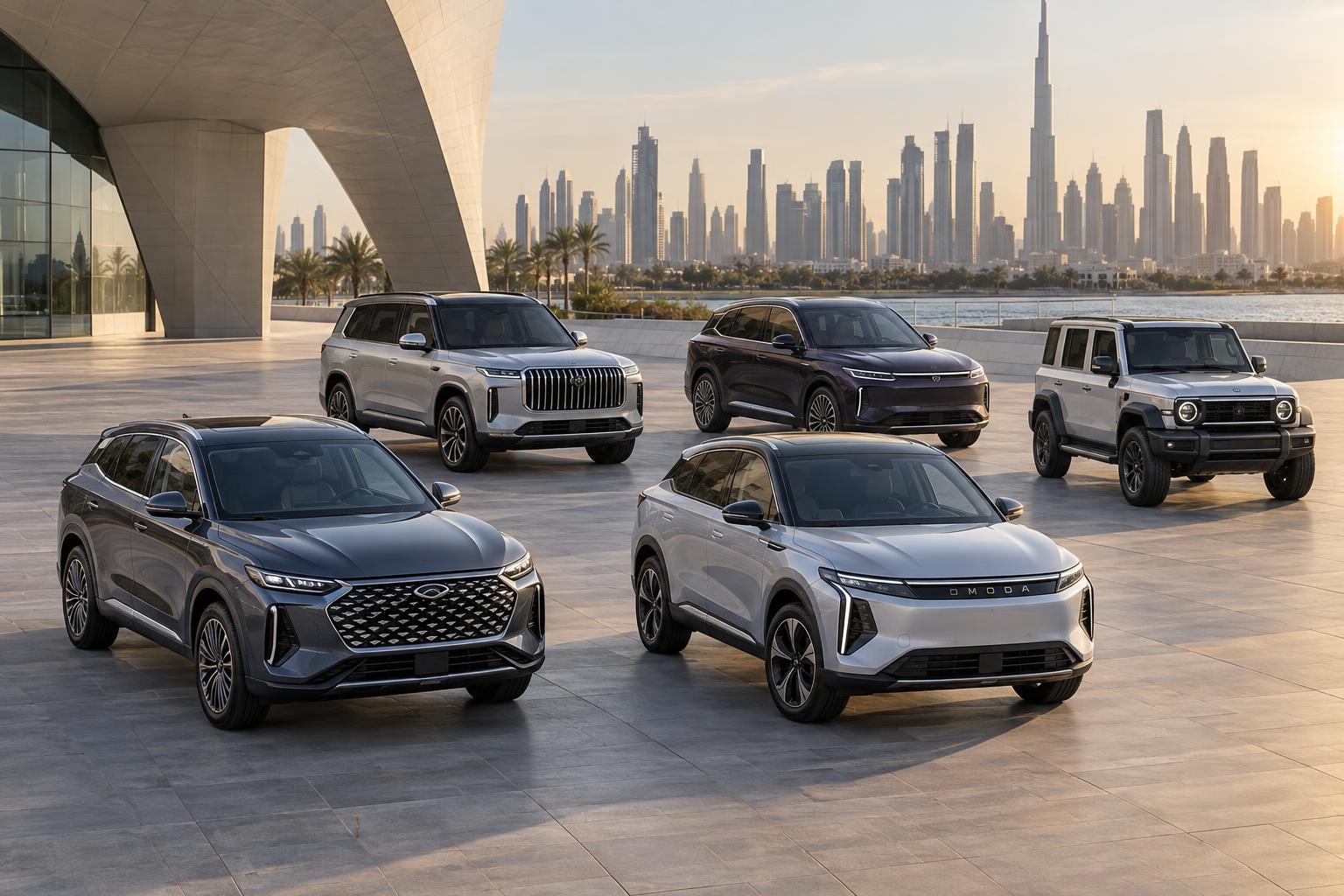 Five different Chery Group new-energy crossovers and SUVs arranged in a Dubai forecourt.