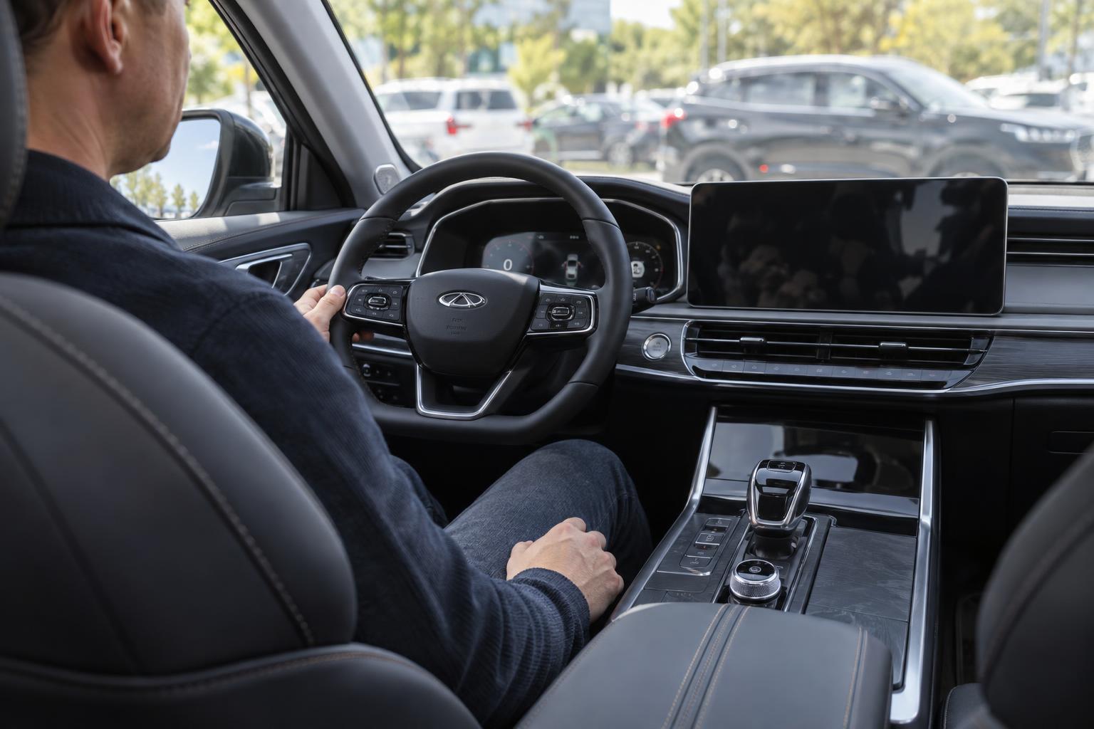 View across the cabin of a Chery SUV with a driver preparing to park.