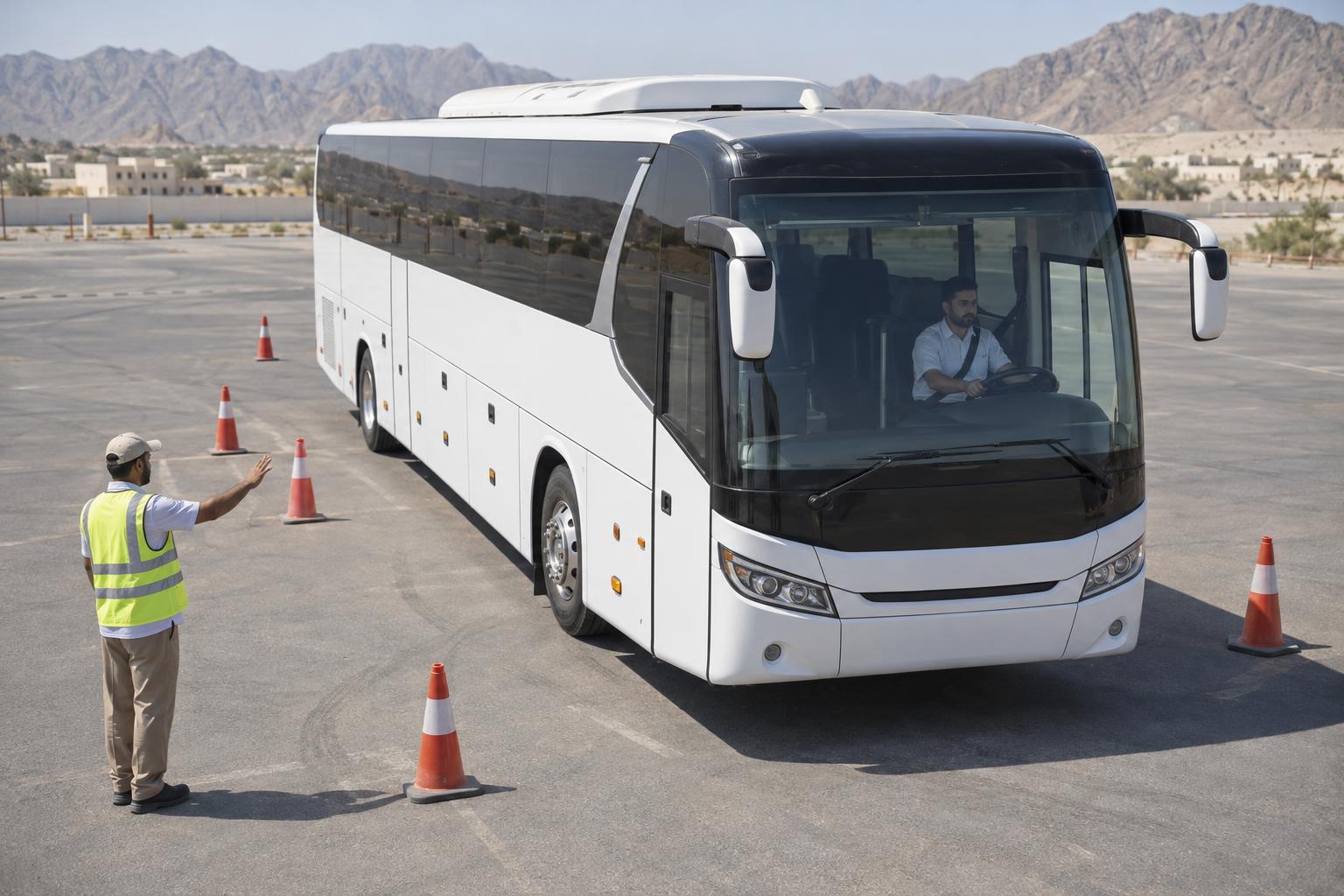 A coach being manoeuvred through cones in a controlled driver-training yard.