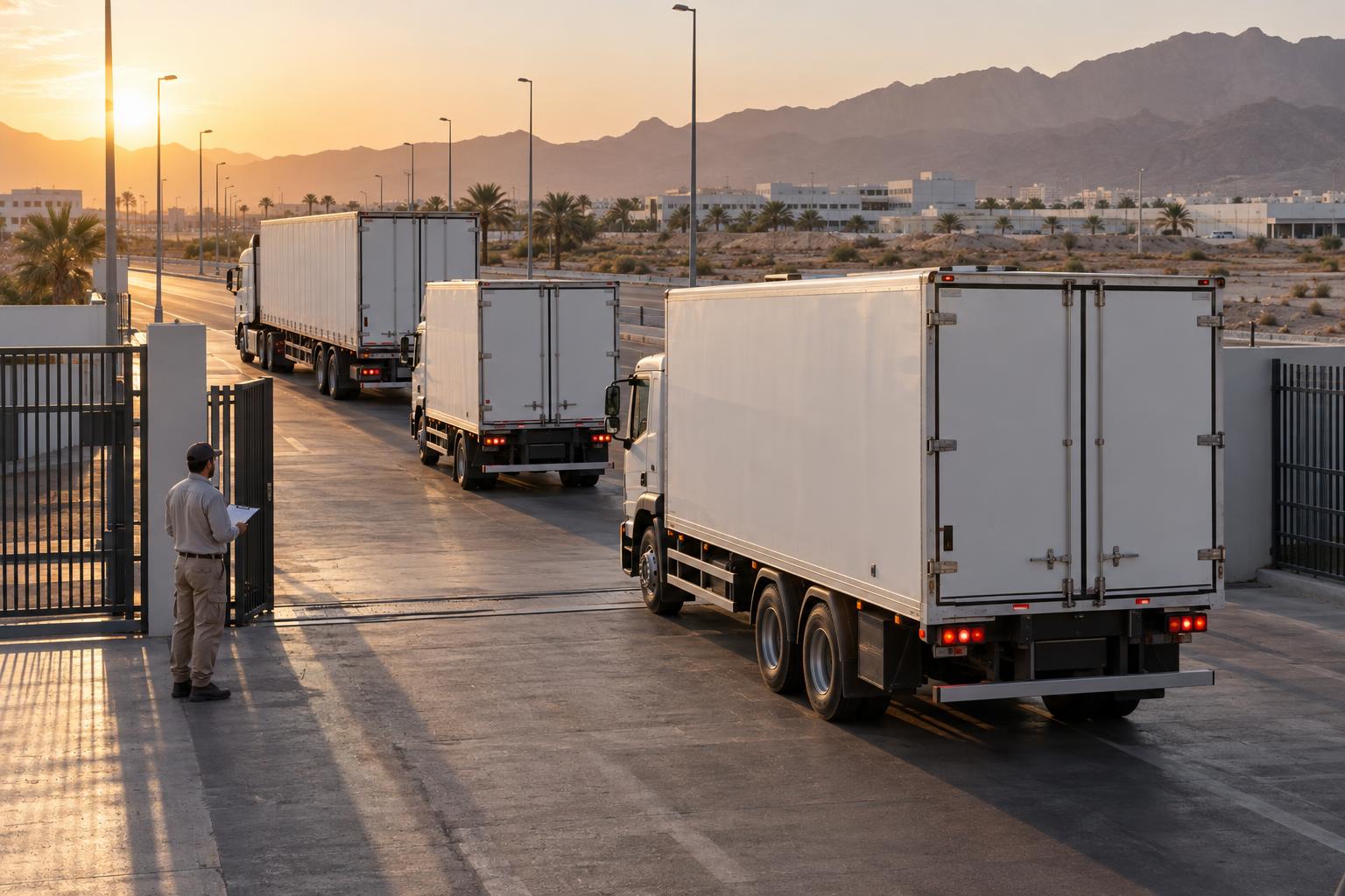 Commercial trucks positioned to leave a logistics yard in Oman at sunrise.
