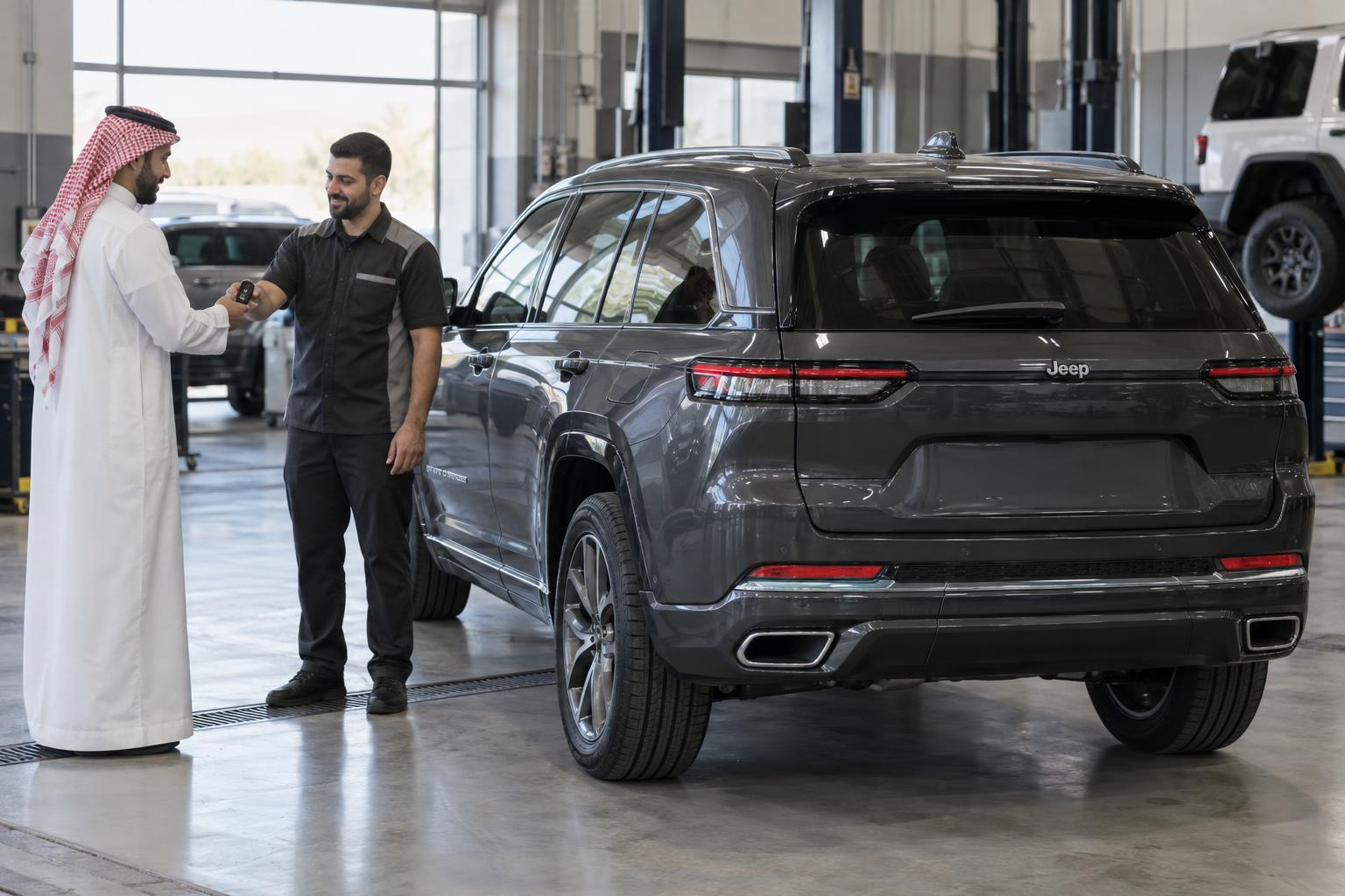A Jeep owner receives their vehicle key after service at a dealership.