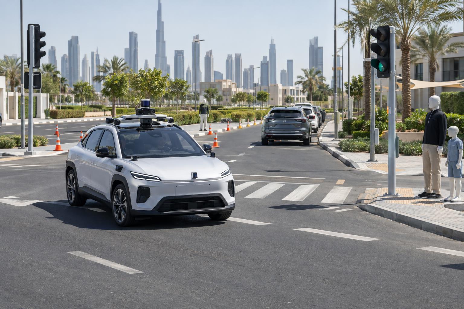 An autonomous test vehicle navigates a controlled intersection with a crosswalk and roadside obstacles.