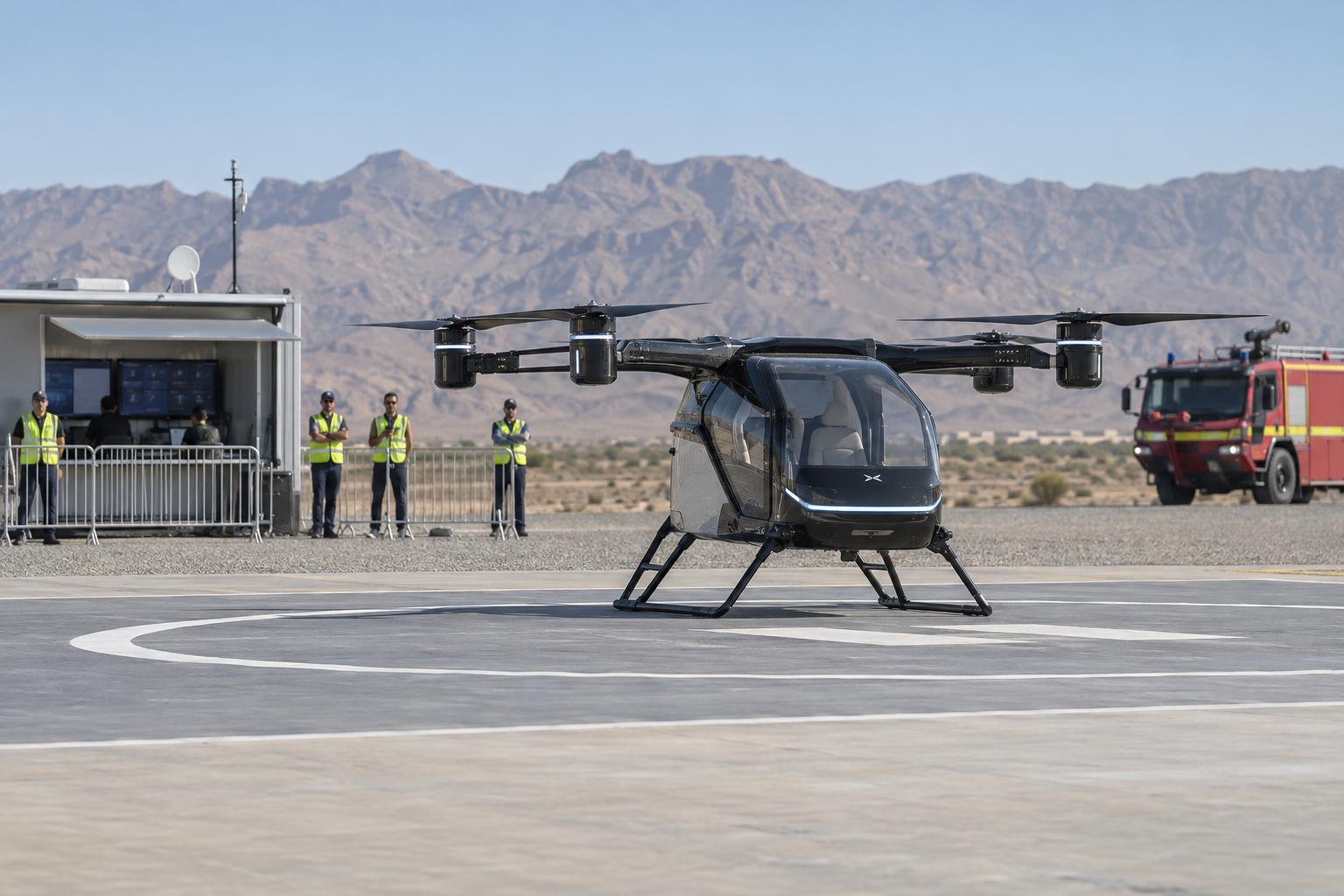 A personal flying vehicle is monitored during a controlled test at a desert regulatory sandbox.