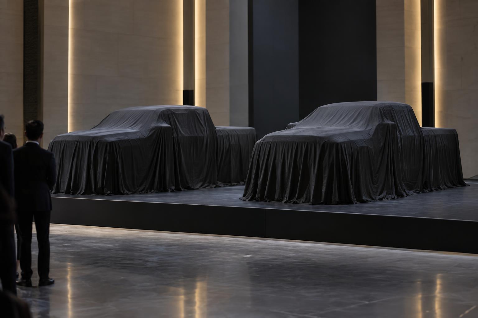 Two covered full-size pickup trucks on stage at a Middle East automotive launch event.