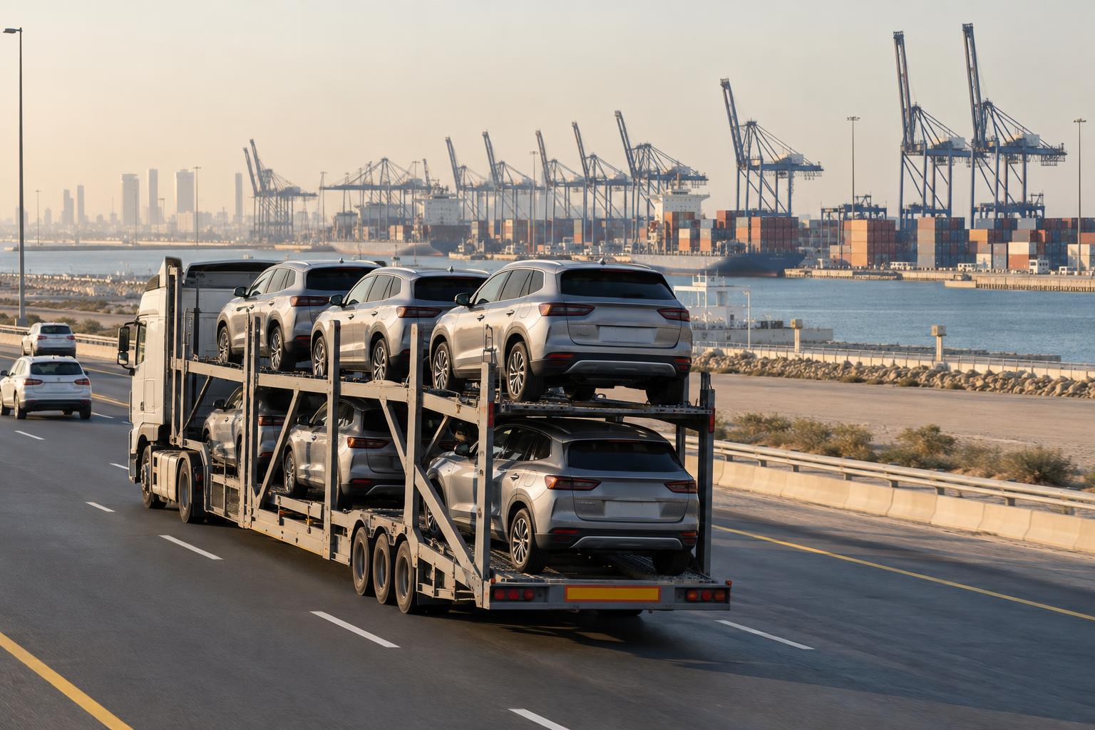A car-carrier truck travels on a Gulf highway toward a container port.