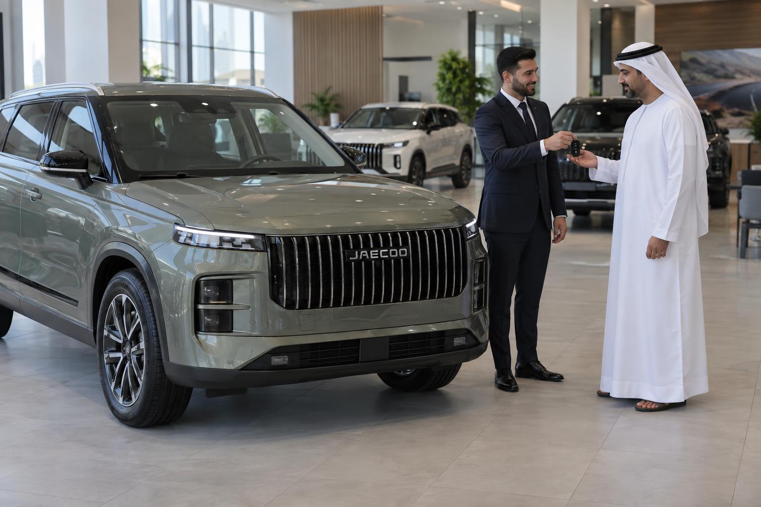 A customer receives a key beside a JAECOO J7 in an Abu Dhabi showroom.