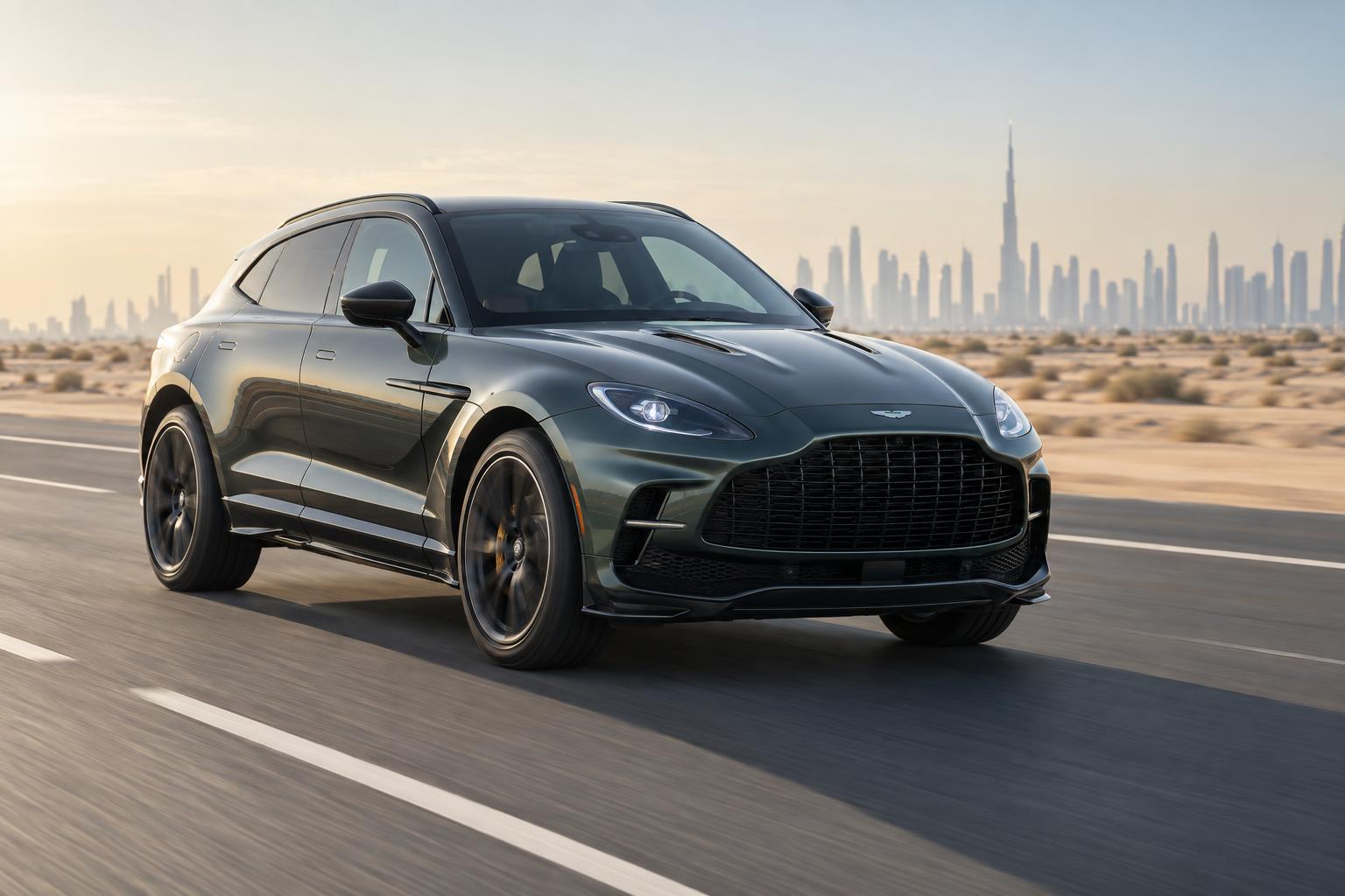 Aston Martin DBX GT cruising on a UAE desert highway with a distant skyline.