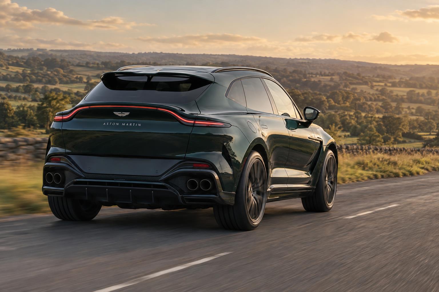 Rear three-quarter view of the Aston Martin DBX GT driving on a quiet country road.