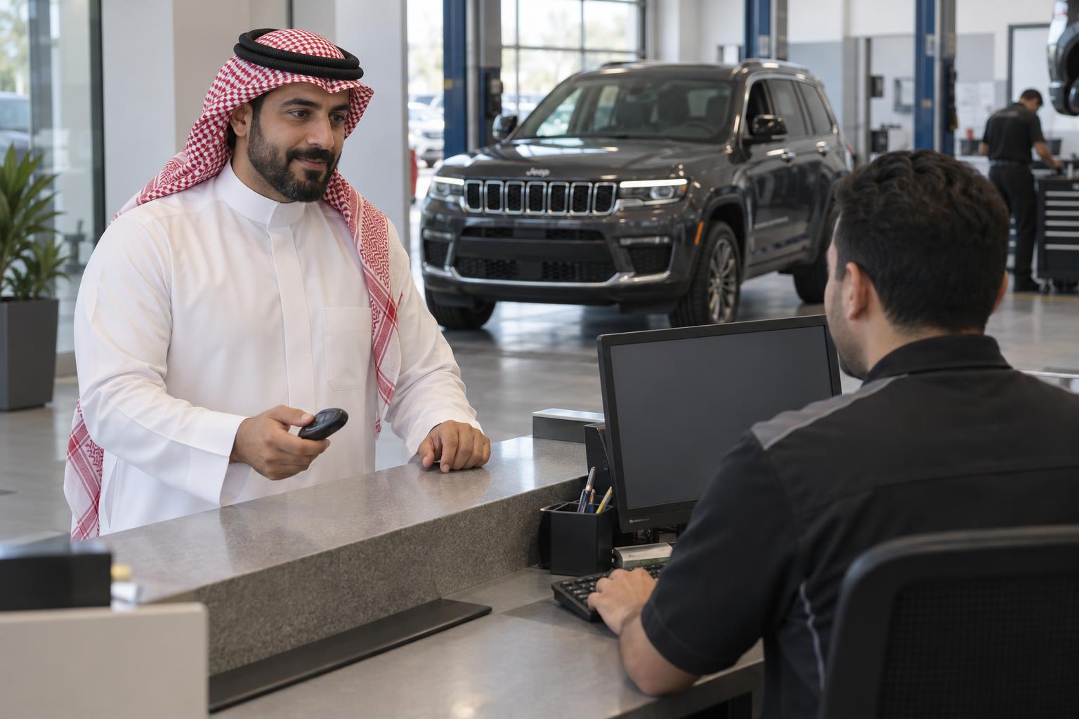 A Jeep owner consults a service adviser about a vehicle recall at a dealership.