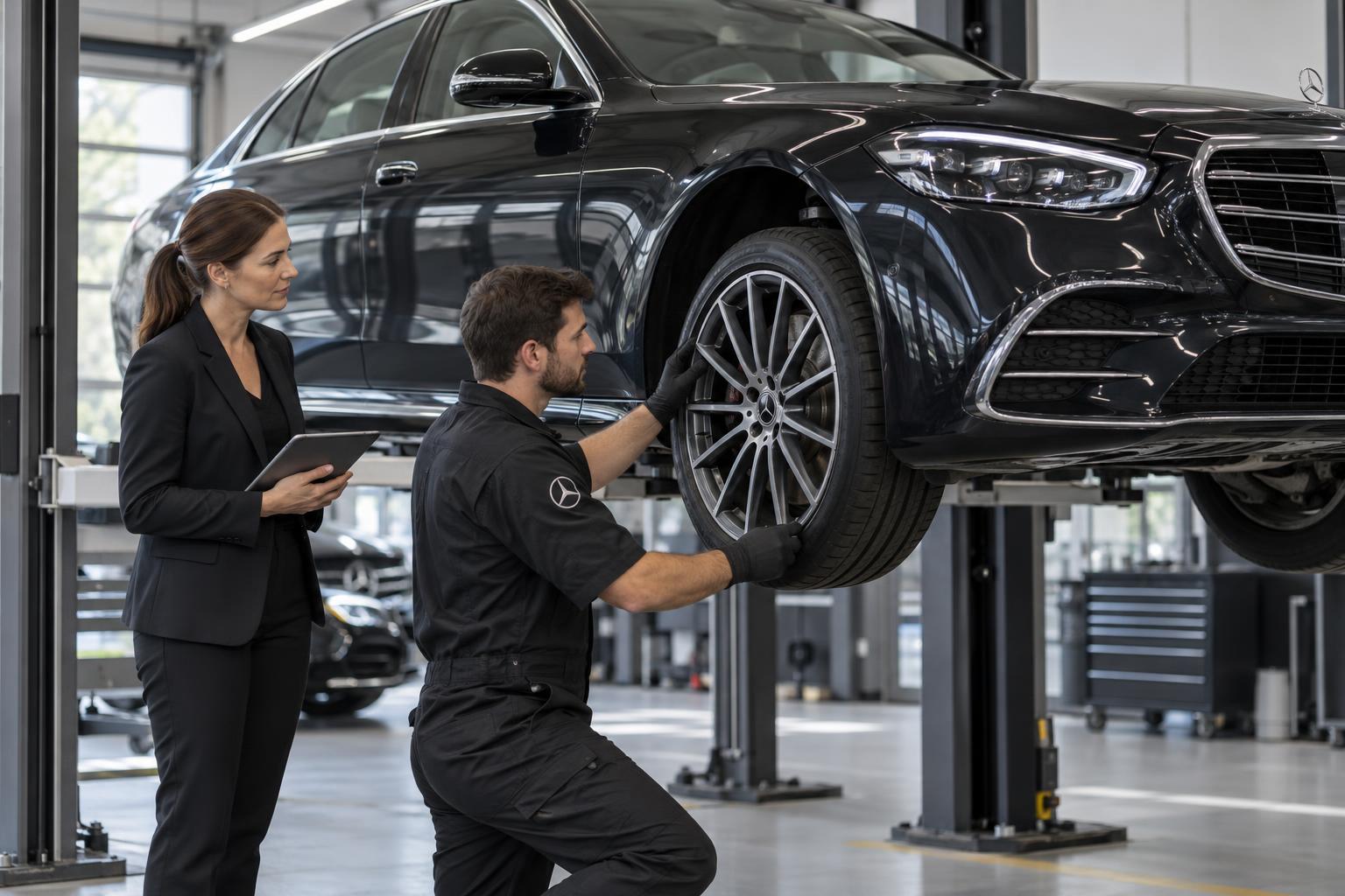 Mercedes S-Class receiving a front brake inspection at a dealership workshop.