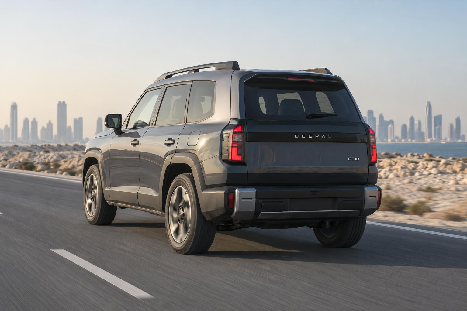 Rear three-quarter view of a DEEPAL G318 driving on a desert-edge road near Doha.