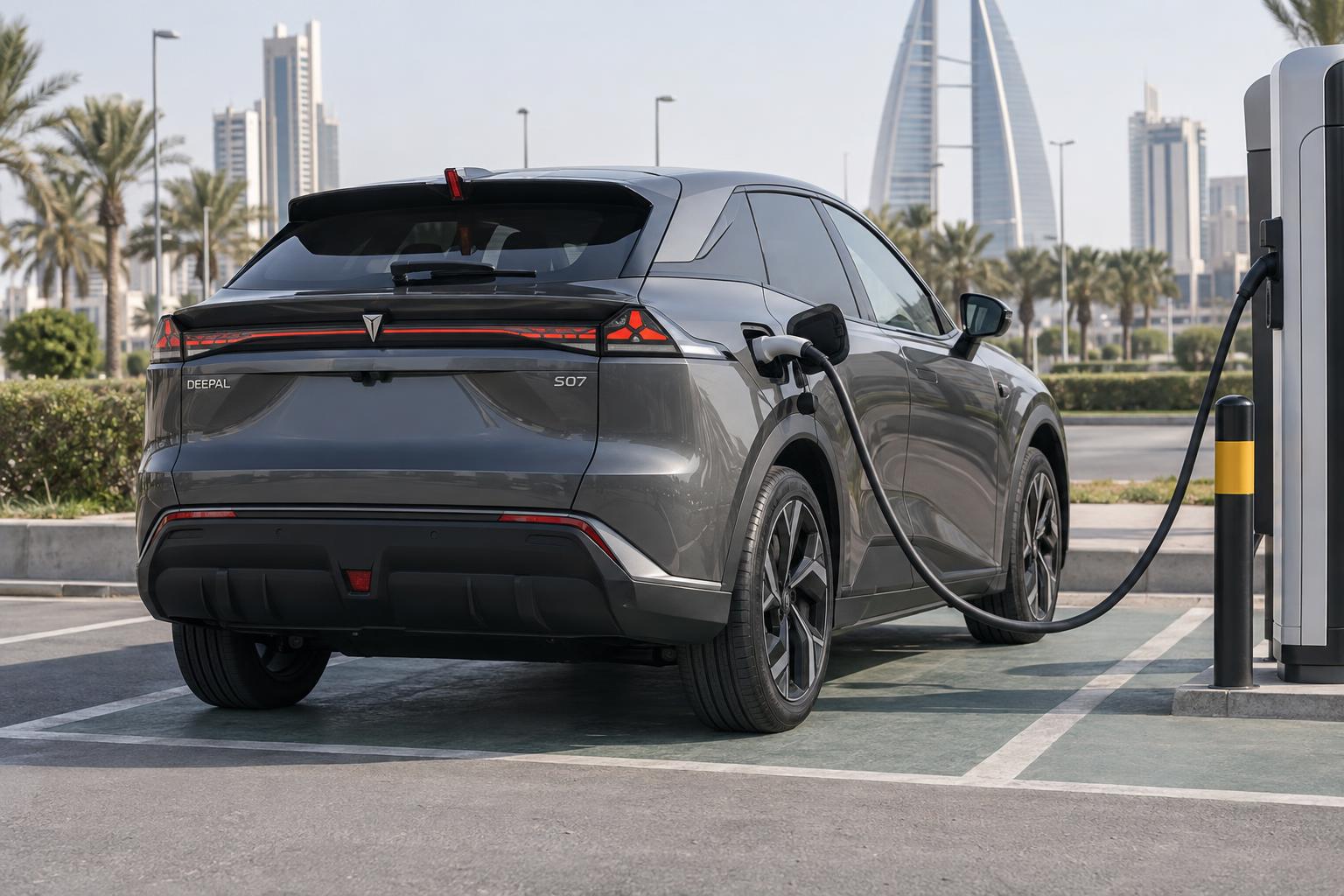 A DEEPAL S07 connected to a public charging unit in Bahrain.