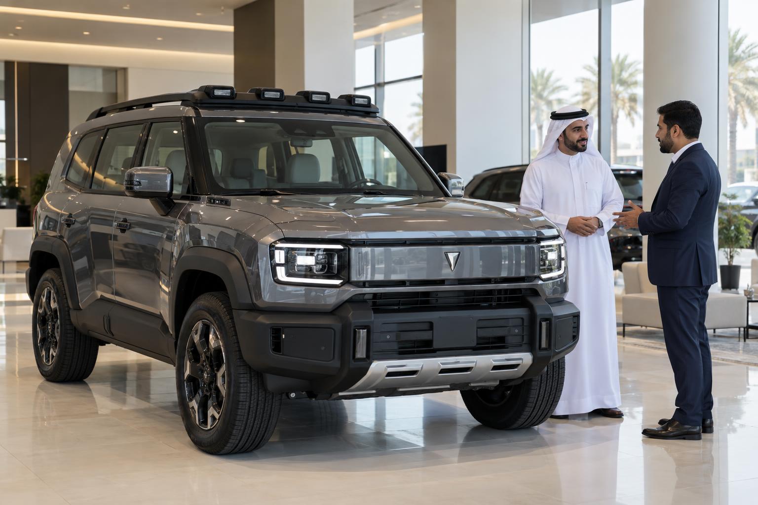 A customer and showroom representative standing beside a DEEPAL G318 in a Qatar dealership.