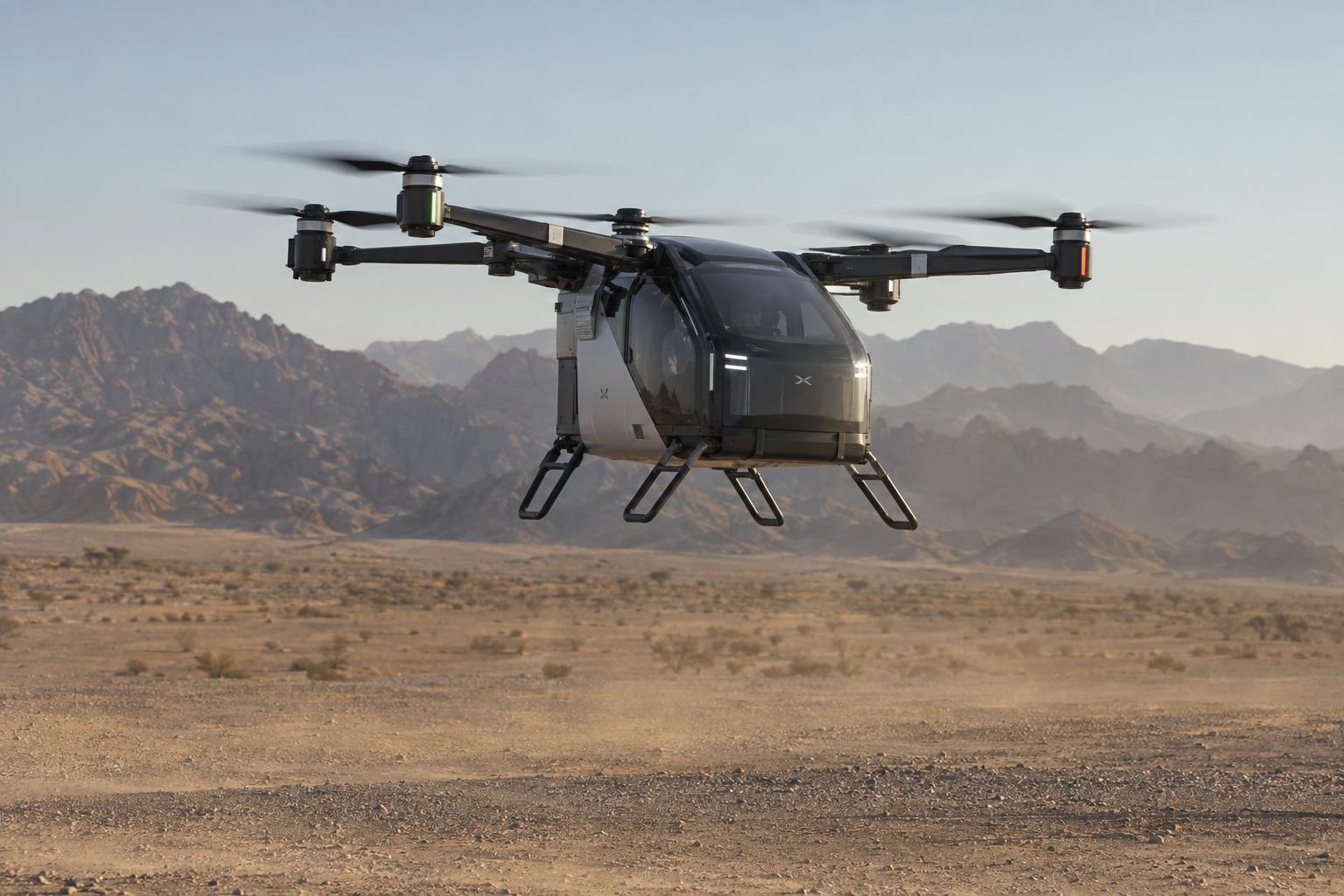 An ARIDGE personal flying vehicle makes a controlled low-altitude flight over open desert in Ras Al Khaimah.