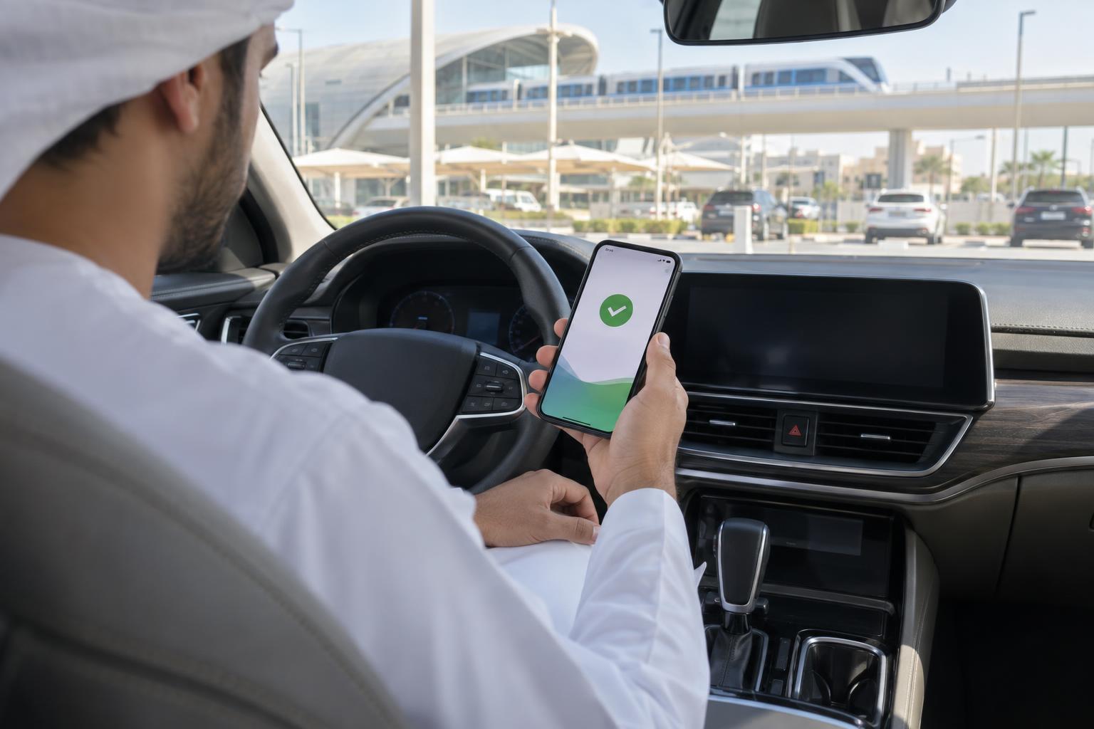 A commuter uses a smartphone to complete parking payment while seated in a car at a rail station.