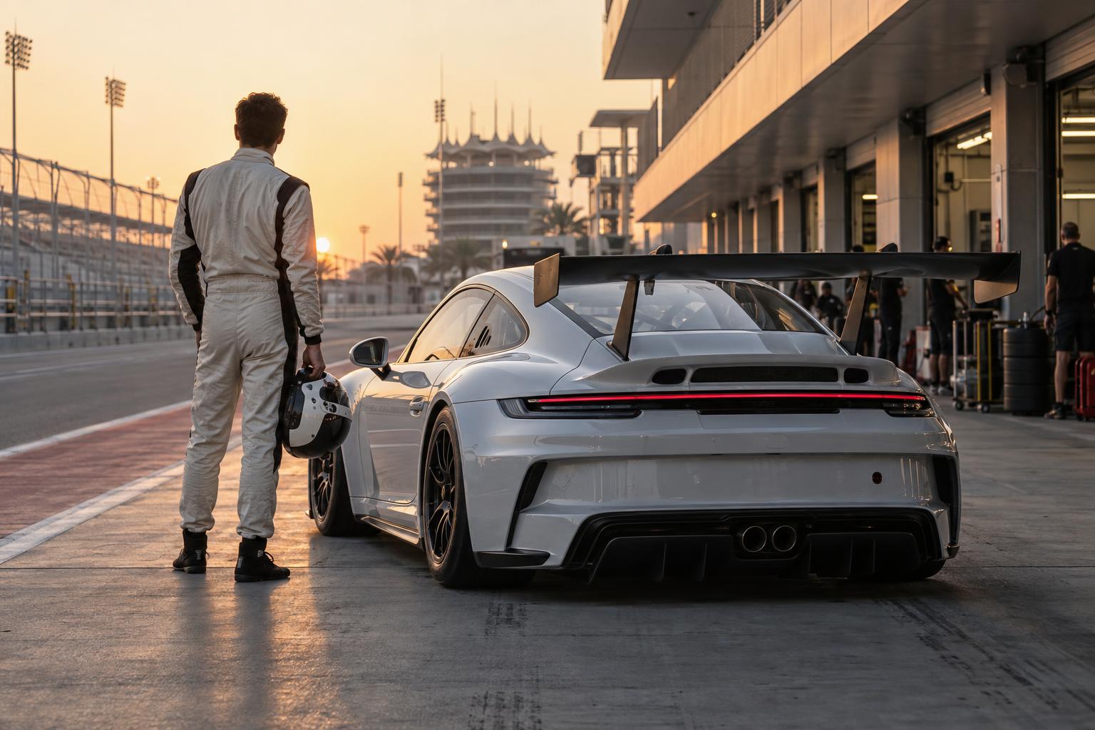 A racing driver stands beside a Porsche 911 GT3 Cup car in a Bahrain paddock.