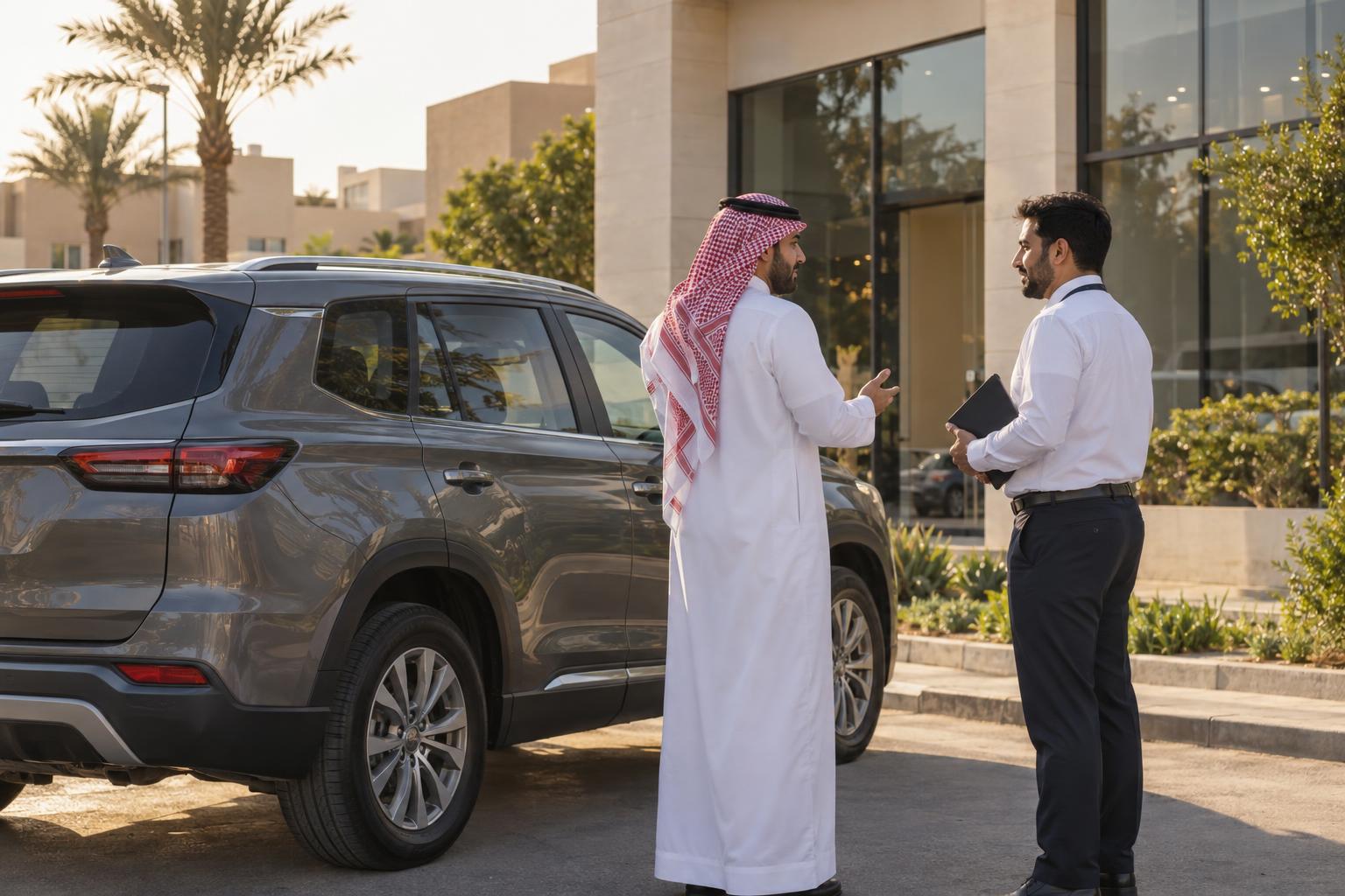 A driver speaking with an insurance representative beside an SUV outside a service office.